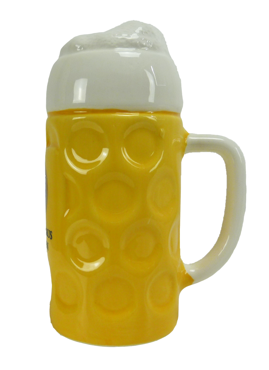 Spardose in Form eines gelben Bierkrugs mit Henkel und weißem Schaumdeckel, Rückansicht ohne Logo.