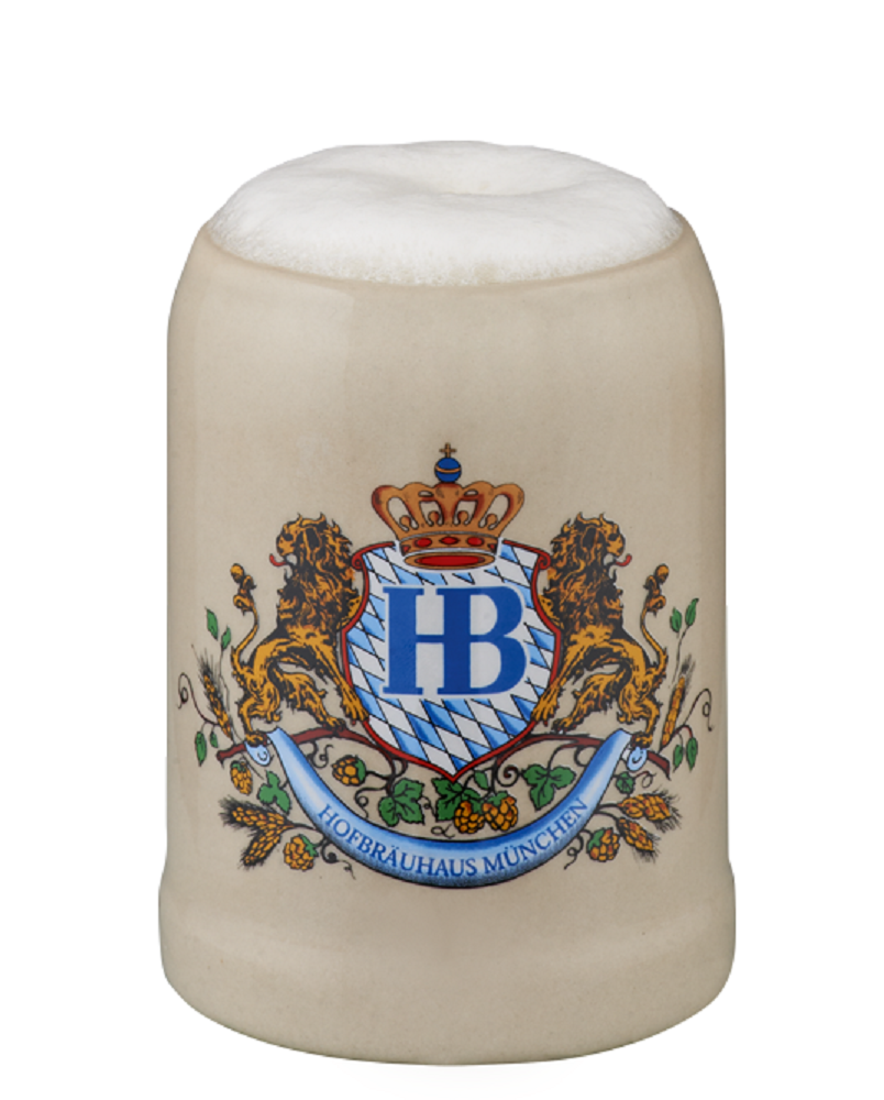 Hofbräuhaus-Steinkrug mit Schaumkrone und farbigem bayerischem Wappen, zwei Löwen und HB-Logo, freigestellt auf weißem Hintergrund-250ml