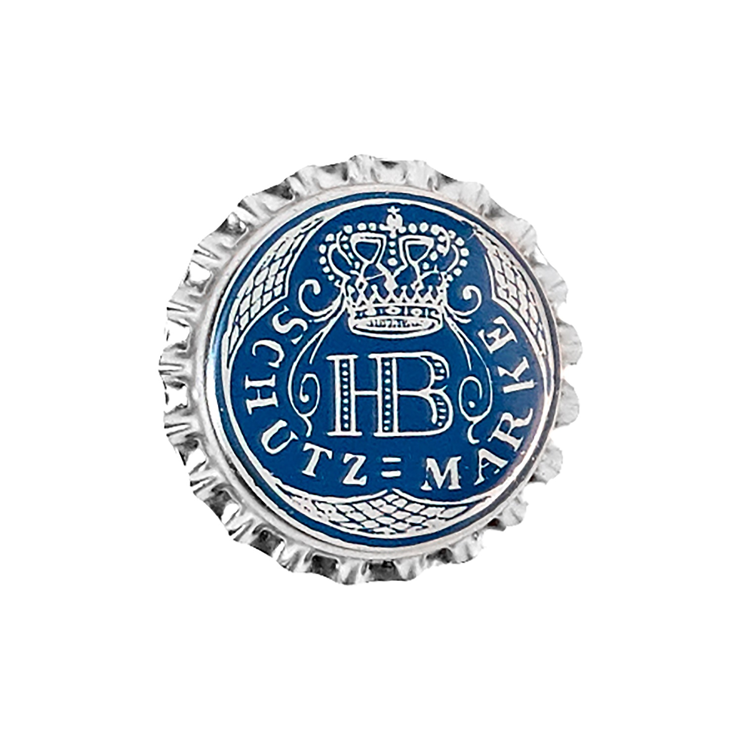 HB Pin in Kronkorkenform mit blauem Schutzmarke-Logo des Hofbräuhaus München