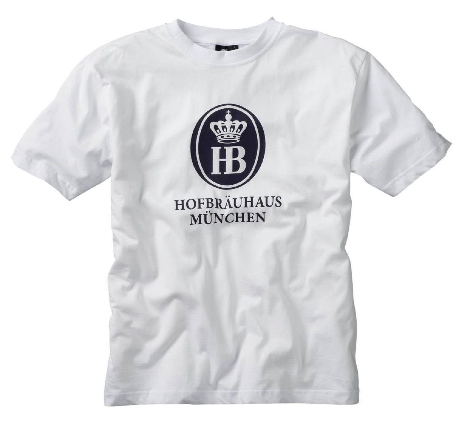 Weißes T-Shirt mit großem Hofbräuhaus München Logo in Schwarz auf der Vorderseite.