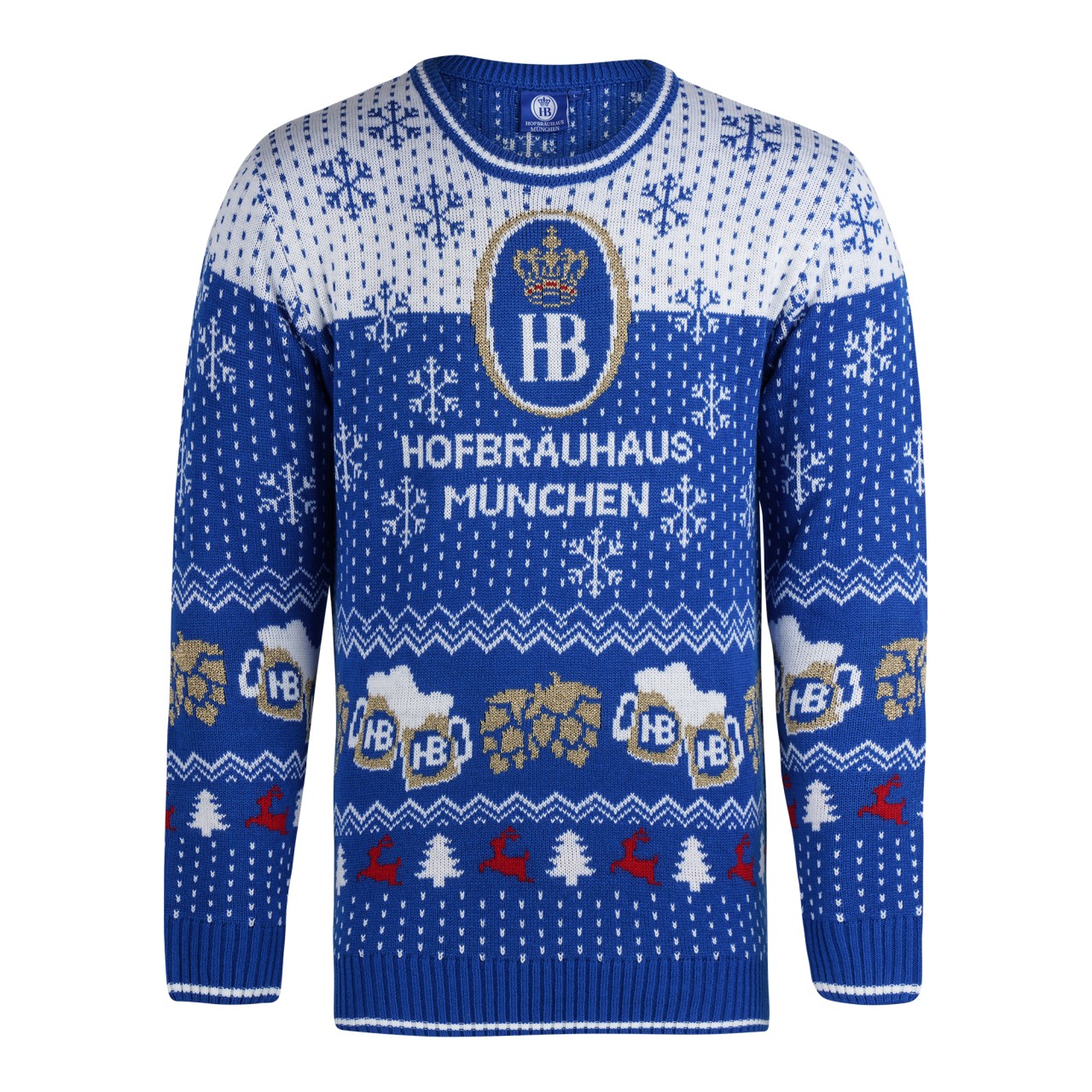 Blauer Weihnachtspullover mit Hofbräuhaus München Logo, Schneeflocken- und Bierkrug-Motiven.