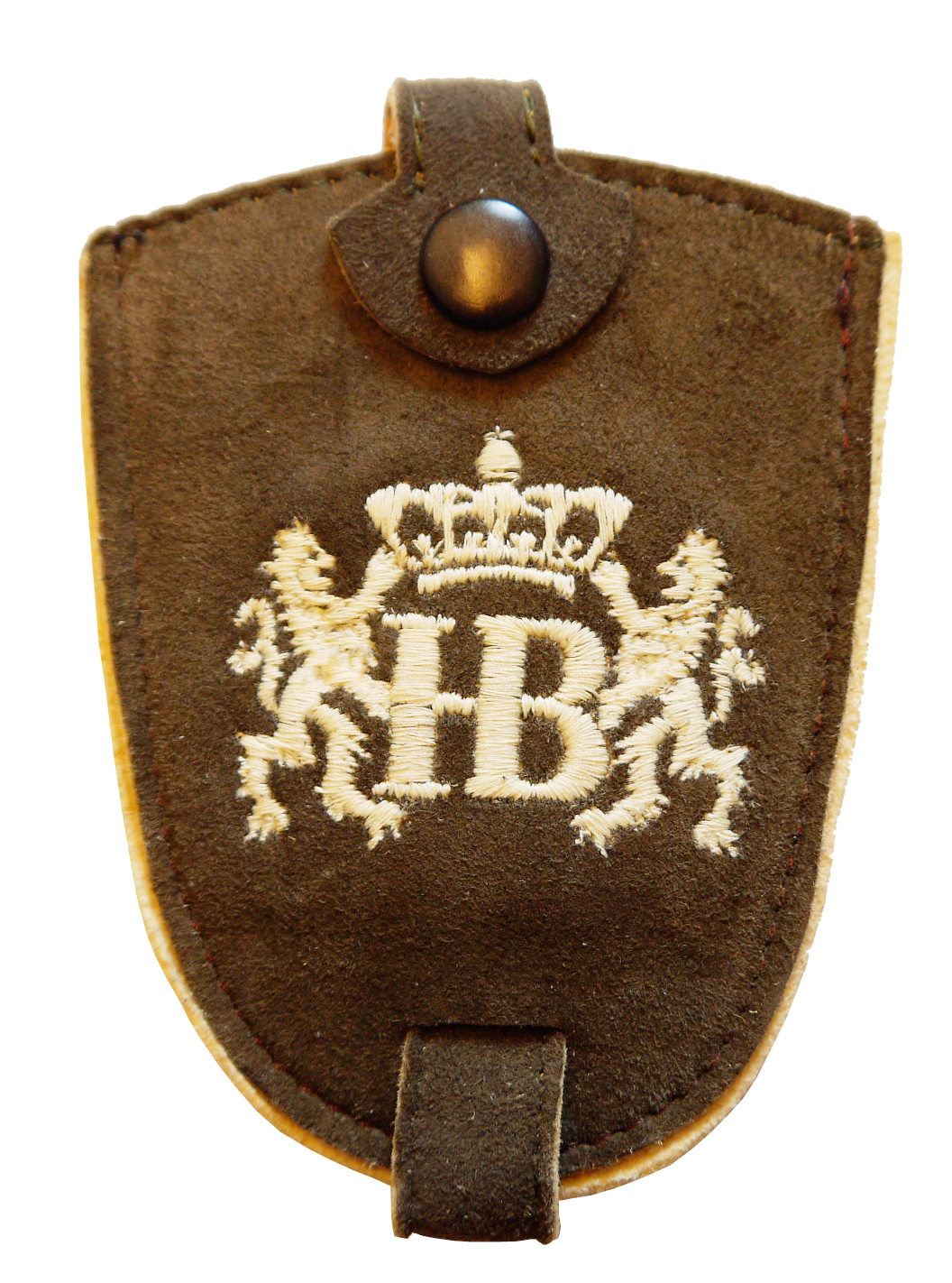 Braunes Schlüsseltascherl aus Leder mit aufgesticktem HB-Logo und zwei Löwen, verschließbar mit Druckknopf