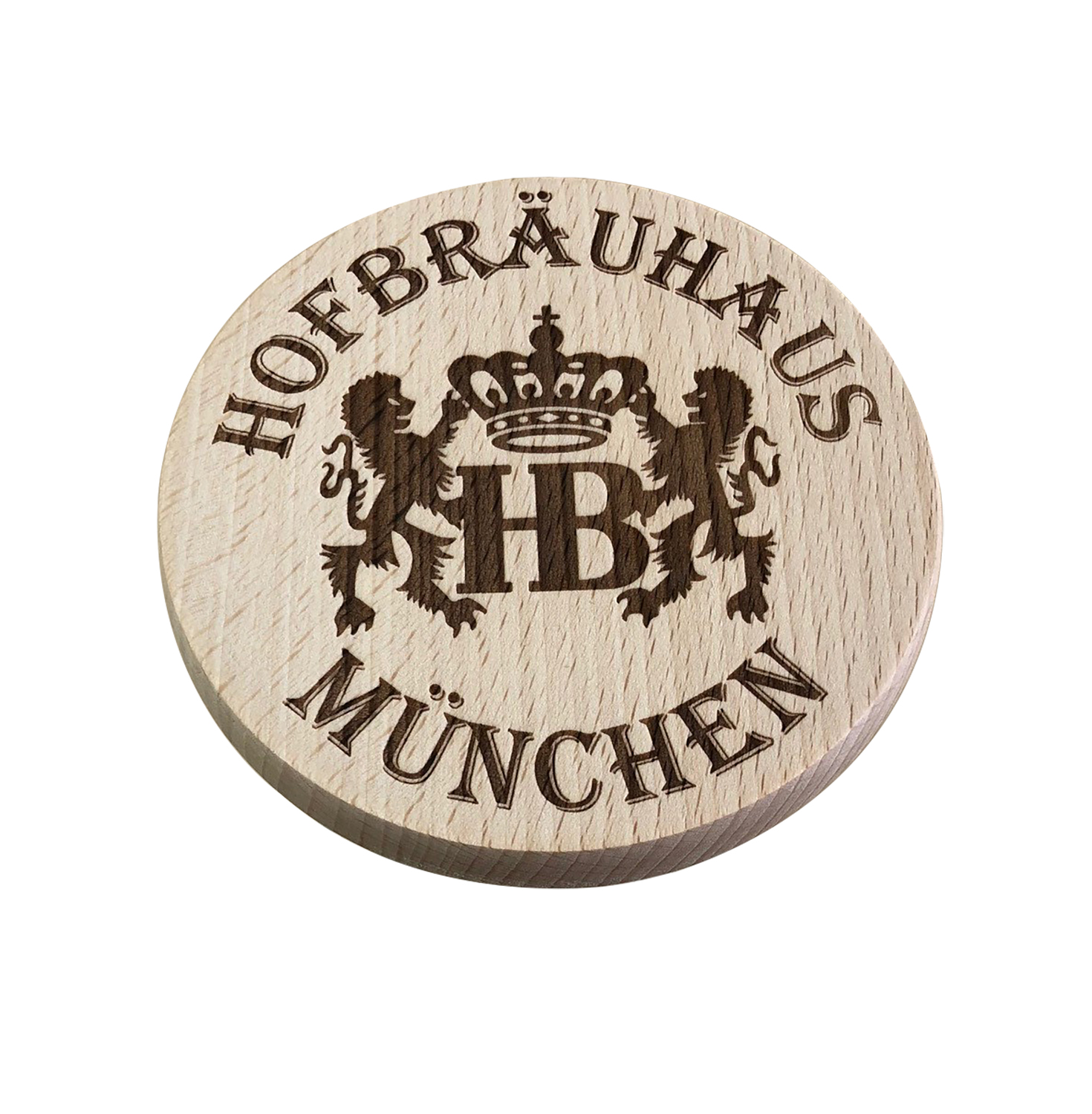 Runder Bierglasdeckel aus Holz mit Hofbräuhaus München Gravur: Krone über den Buchstaben HB, flankiert von zwei Löwen