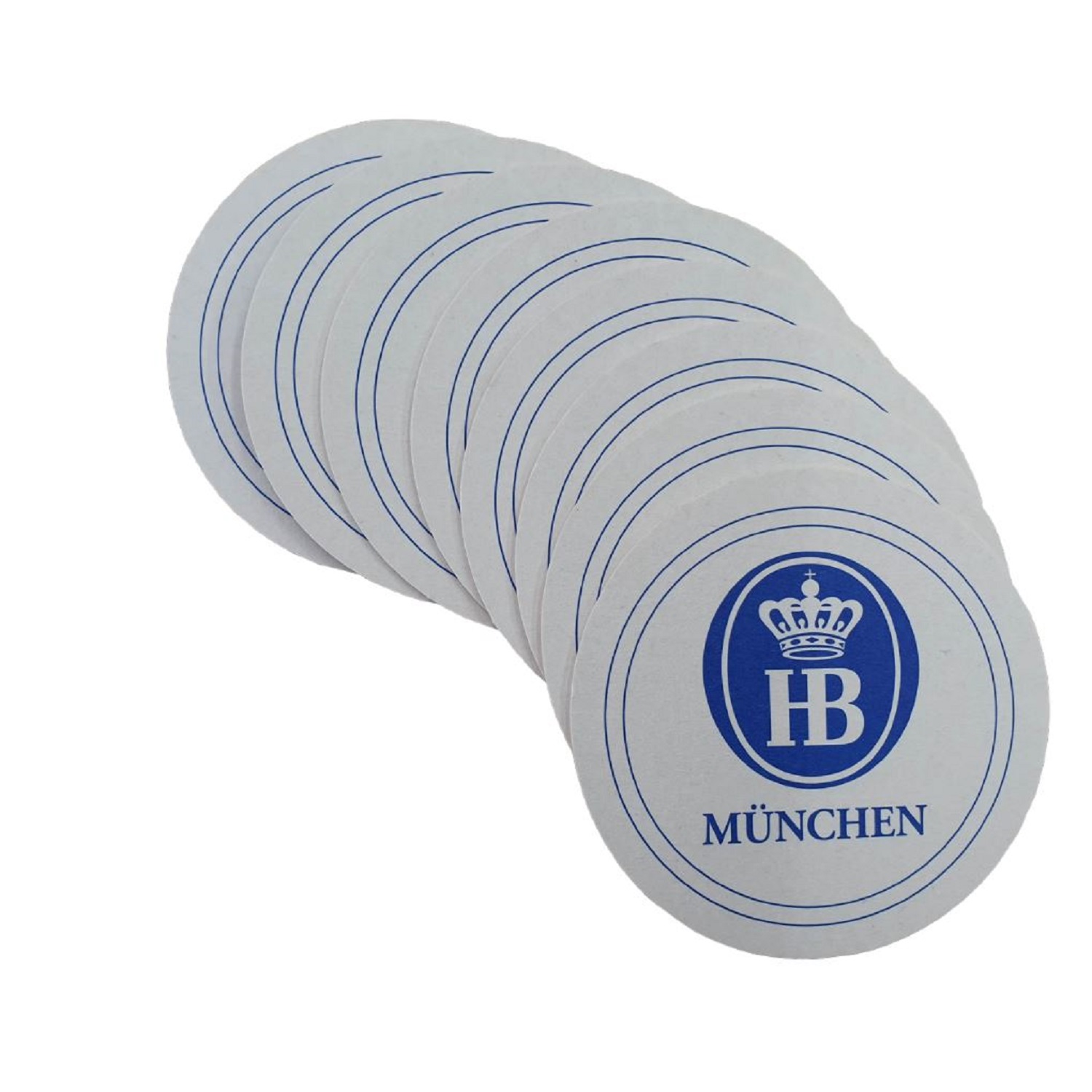 Runde HB-Bierdeckel im klassischen Weiß mit blauem Hofbräuhaus-Logo und Schriftzug München, gestapelt in einer Reihe