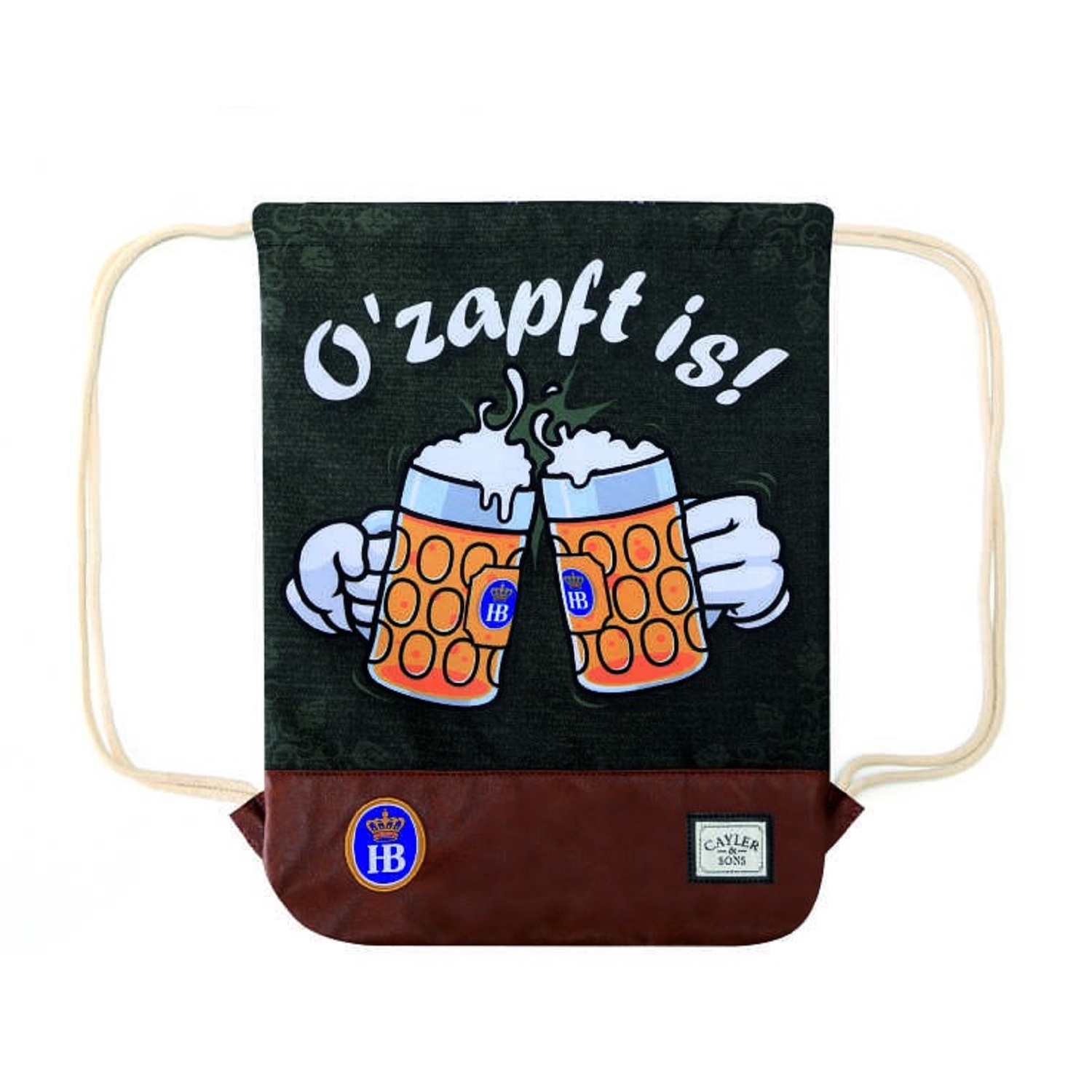 Schwarzer Gymbag mit Kordelzug, Aufdruck 'O'zapft is!' sowie zwei anstoßenden Bierkrügen mit HB-Logo; braune Kunstlederverstärkung am Boden