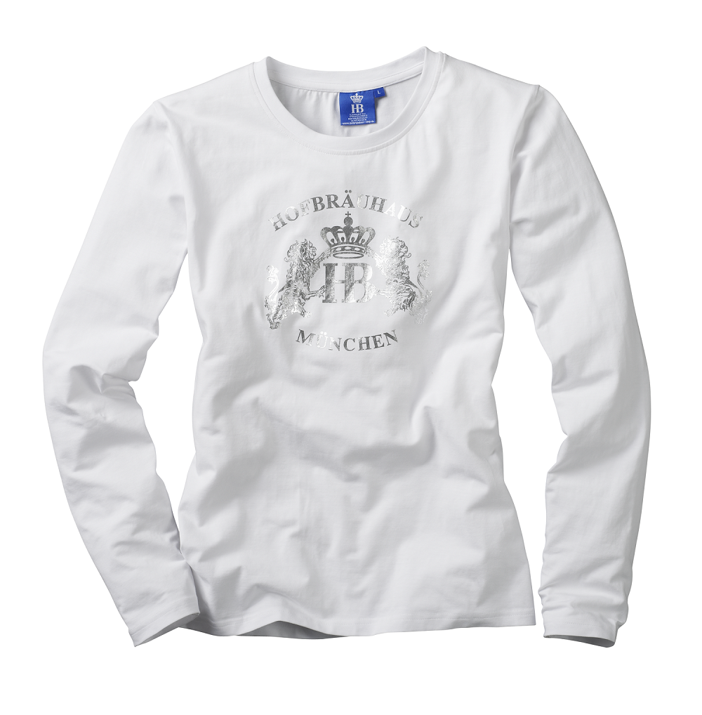 HB-Longsleeve Damen Löwin Weiß mit Silber. Löwen Hofbräuhaus Wappen  mit Schriftzug Hofbräuhaus München