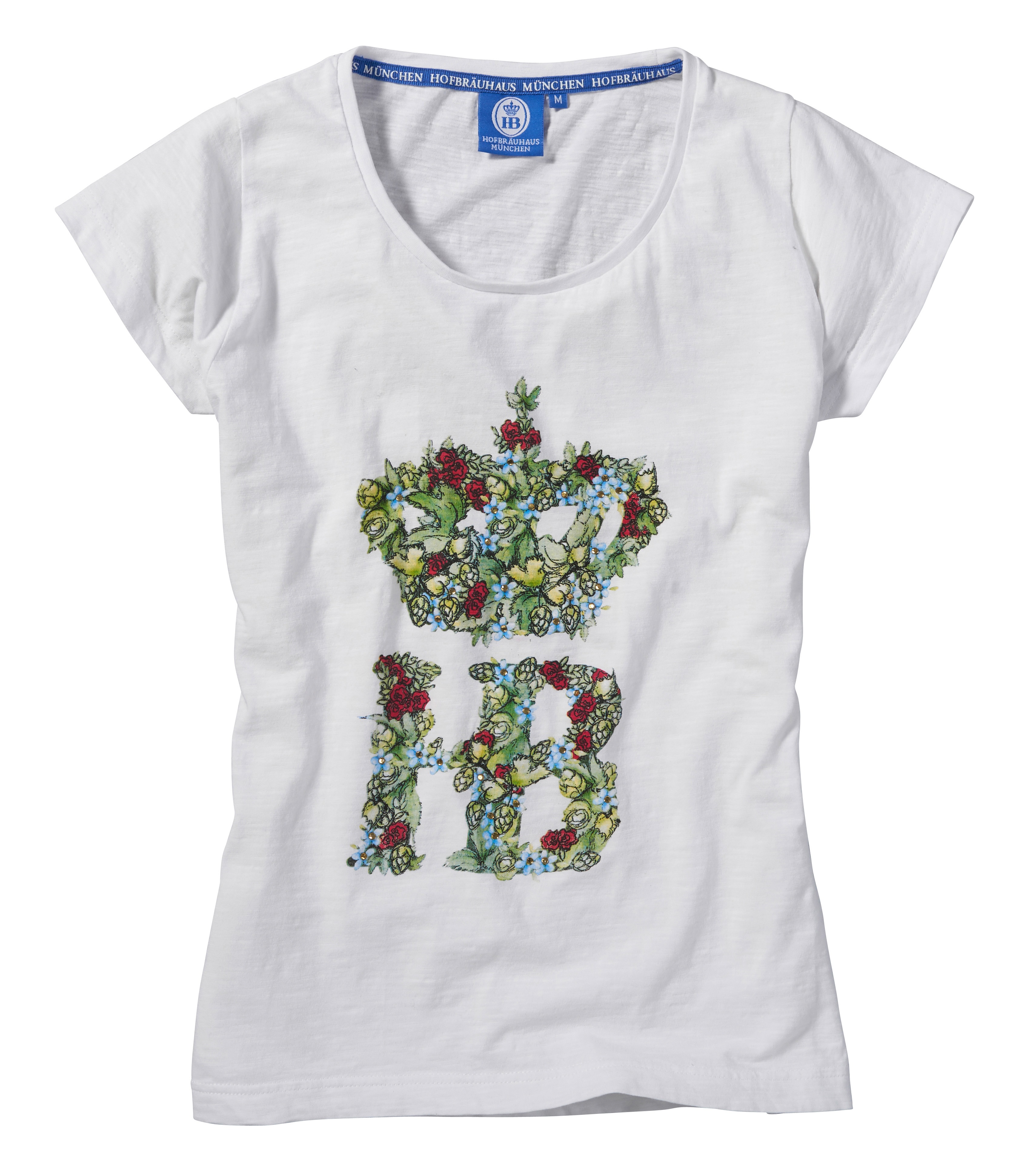 Weißes Damen-T-Shirt mit floral gestaltetem Hofbräuhaus München Logo aus Hopfen und Sommerblüten