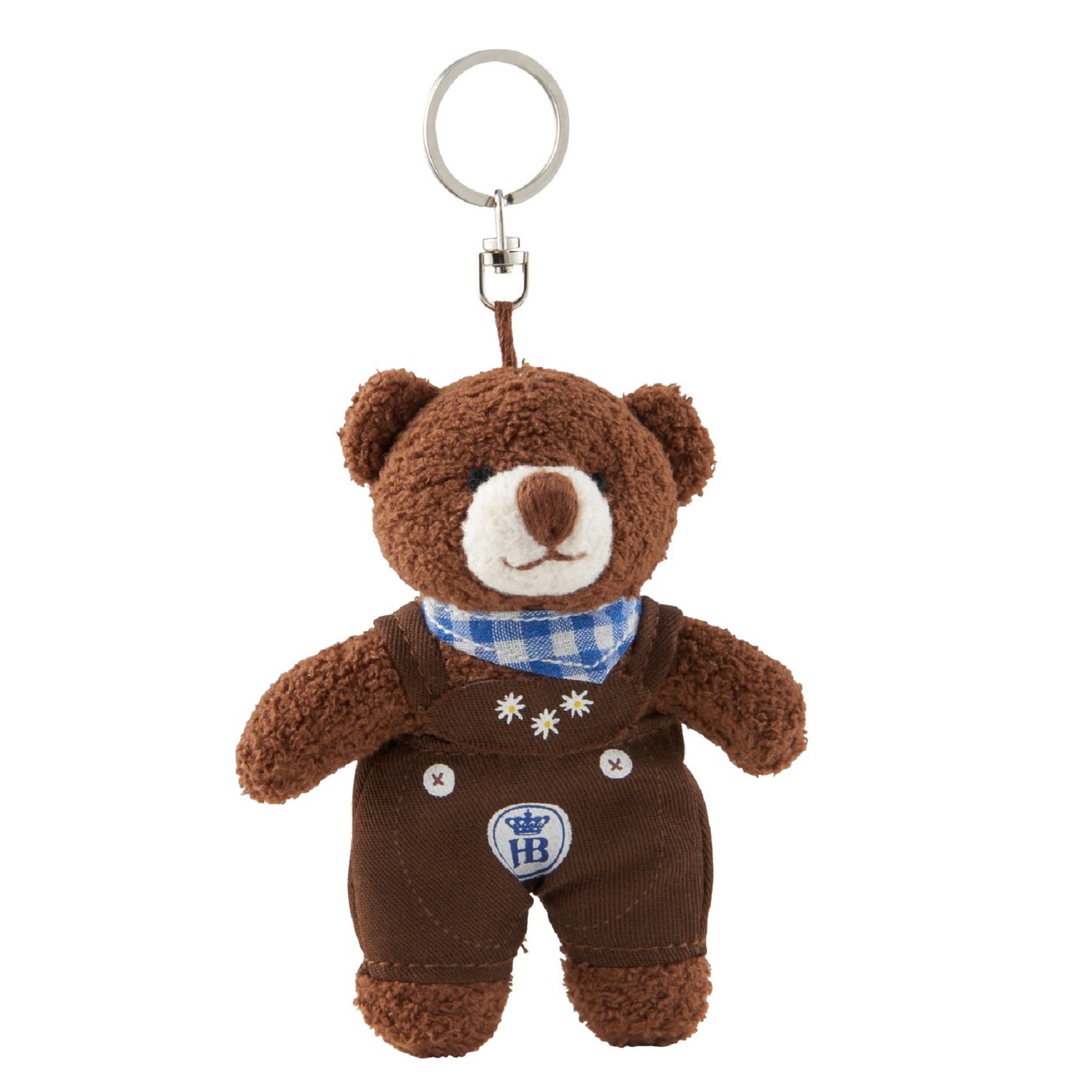 Plüsch-Schlüsselanhänger in Form eines braunen Teddybären mit Lederhosen und blau-weiß kariertem Halstuch. Auf der Hose befindet sich das HB-Logo