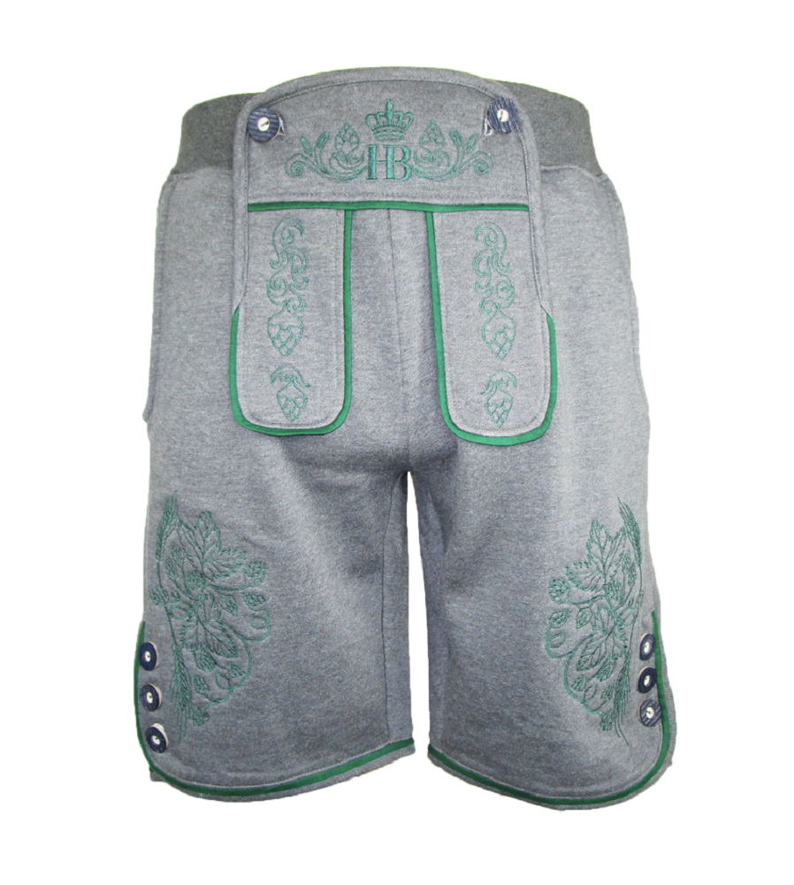 Graue Sweat-Trachtenhose mit grünen Stickereien, HB-Logo und Hosenträger-Design, bayerische Lederhosen-Optik. Mit Knöpfen im Horn-Look