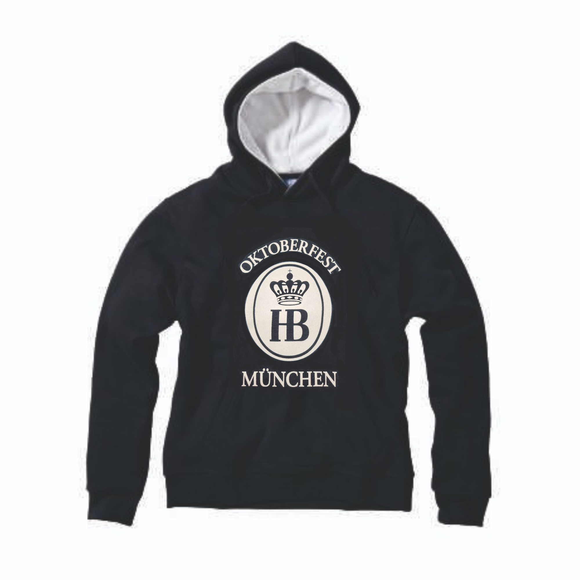 „Dunkelblauer Hoodie mit großer Kängurutasche auf der Vorderseite, die Kapuze ist weiß gefüttert. Auf der Brust befindet sich ein weißes Logo mit der Aufschrift ‚Oktoberfest HB München‘ und einer Krone.“