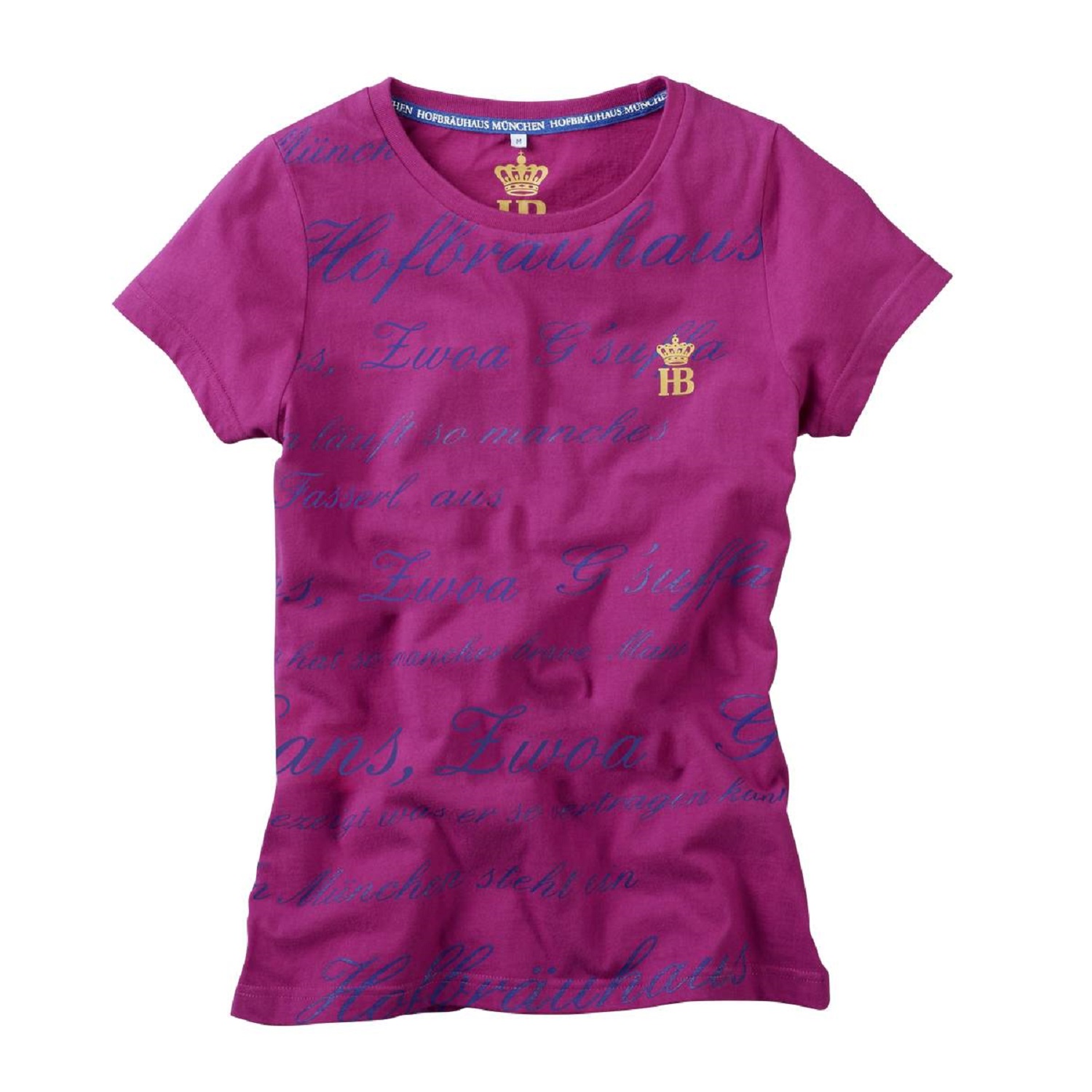 Damen-T-shirt pink mit Schriftzeichen quer, HB-Logo auf linker Brust