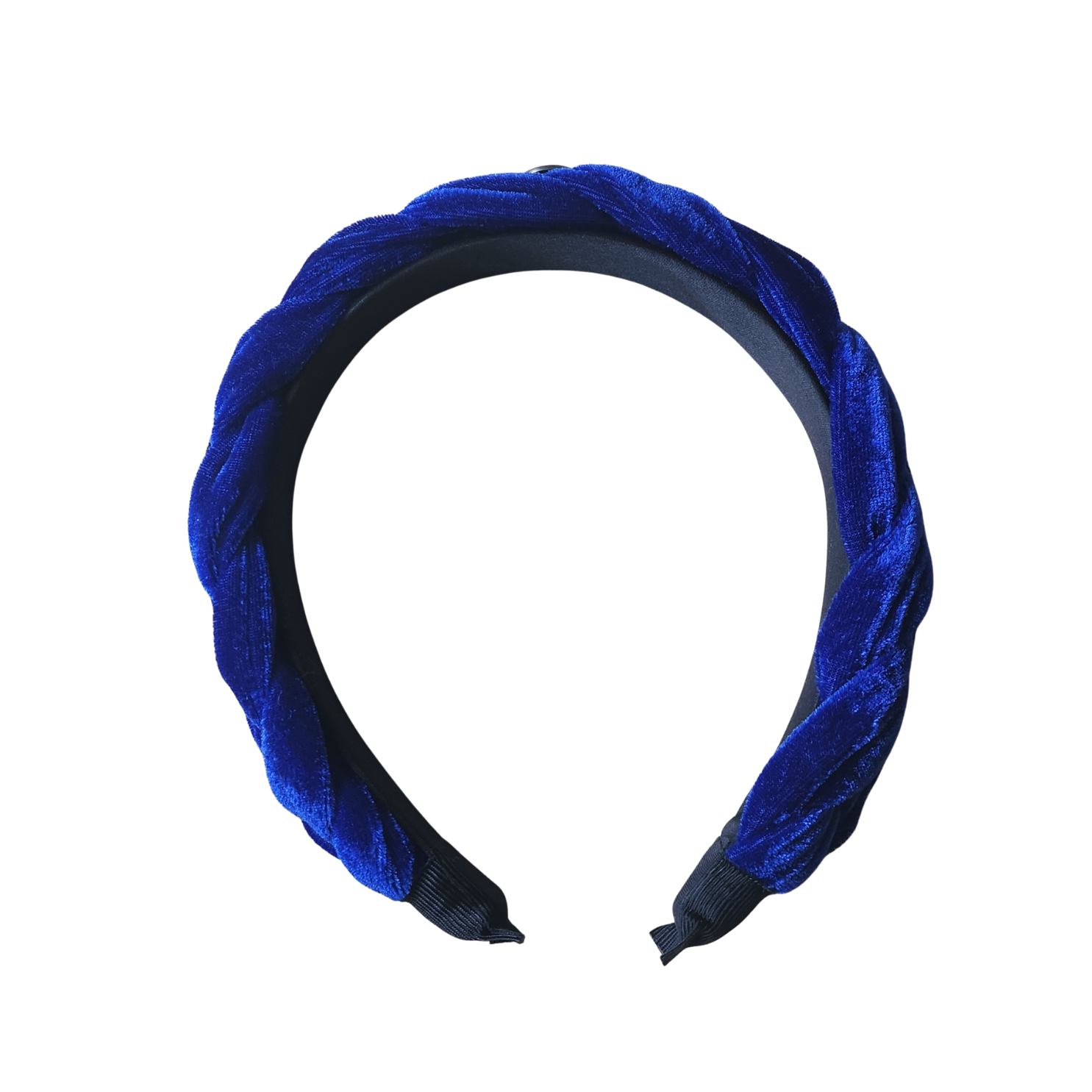 „Blauer, geflochtener Haarreif aus Samt auf weißem Hintergrund.“