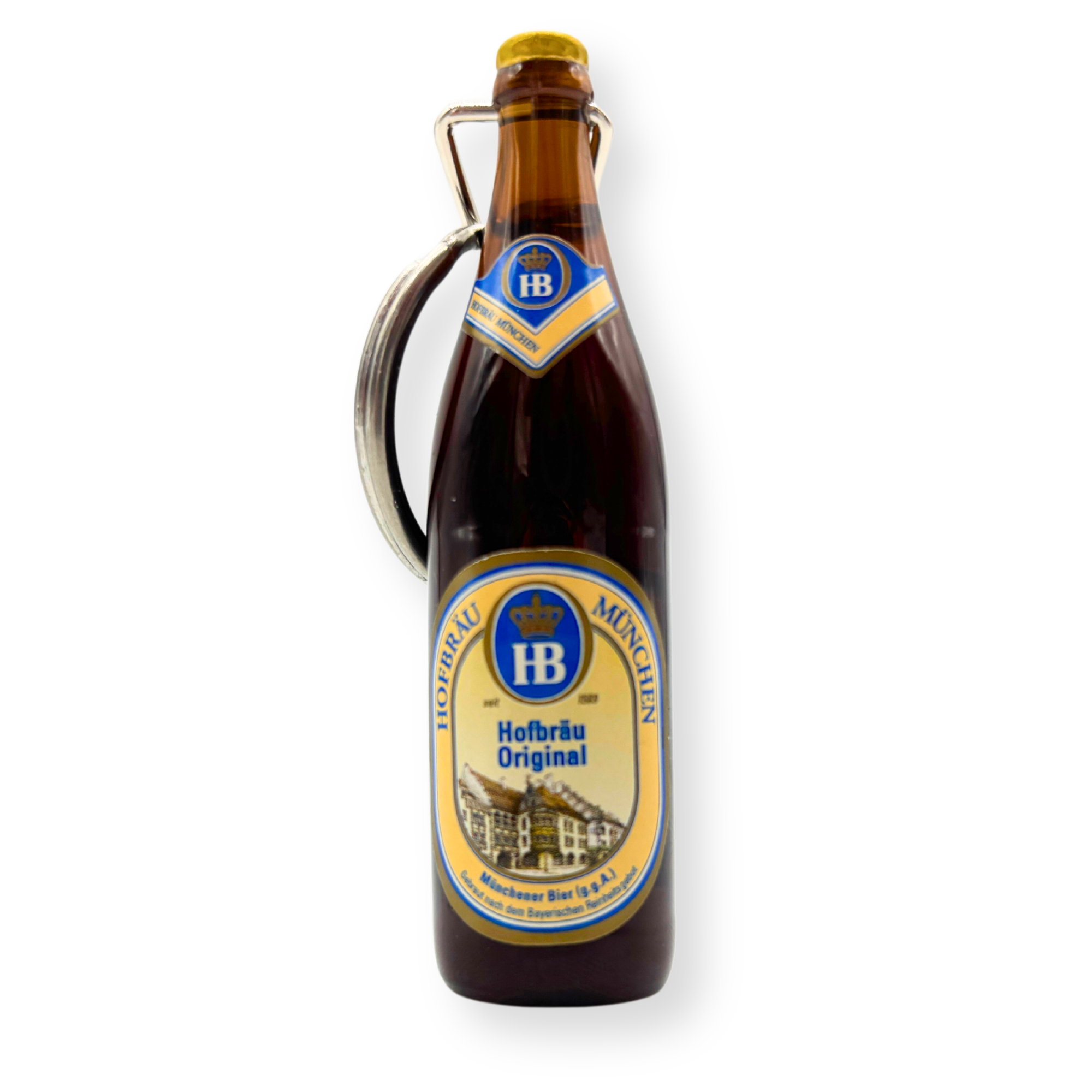 Schlüsselanhänger in Form einer Hofbräu-Bierflasche mit integriertem Flaschenöffner.