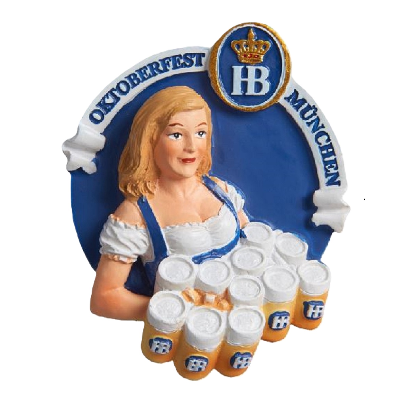 Magnet mit Oktoberfest-Motiv: Bedienung im Dirndl trägt mehrere Bierkrüge mit HB-Logo