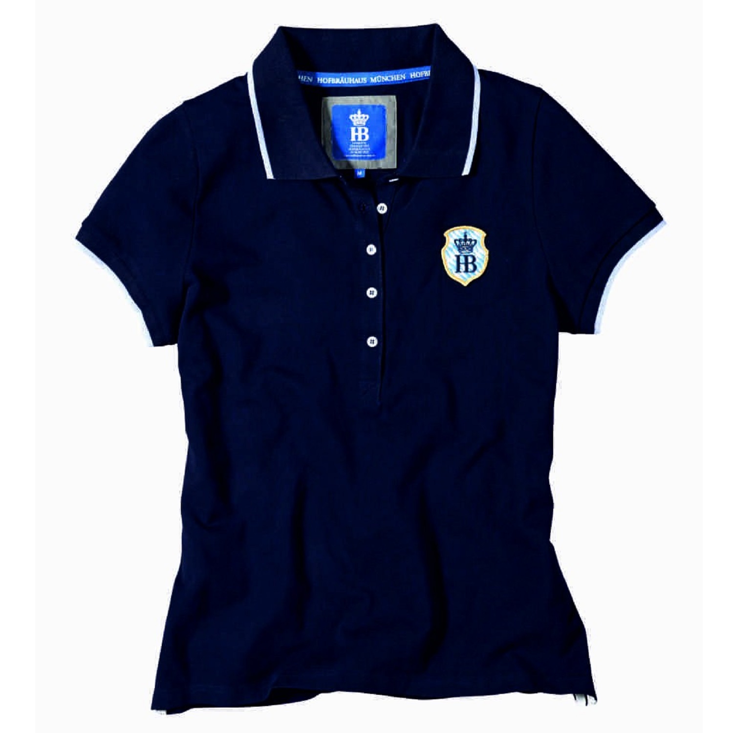 Damen-Poloshirt in dunkel mit kurzem Arm, Knopfleiste und weißem HB-Patch-Logo auf der Brust