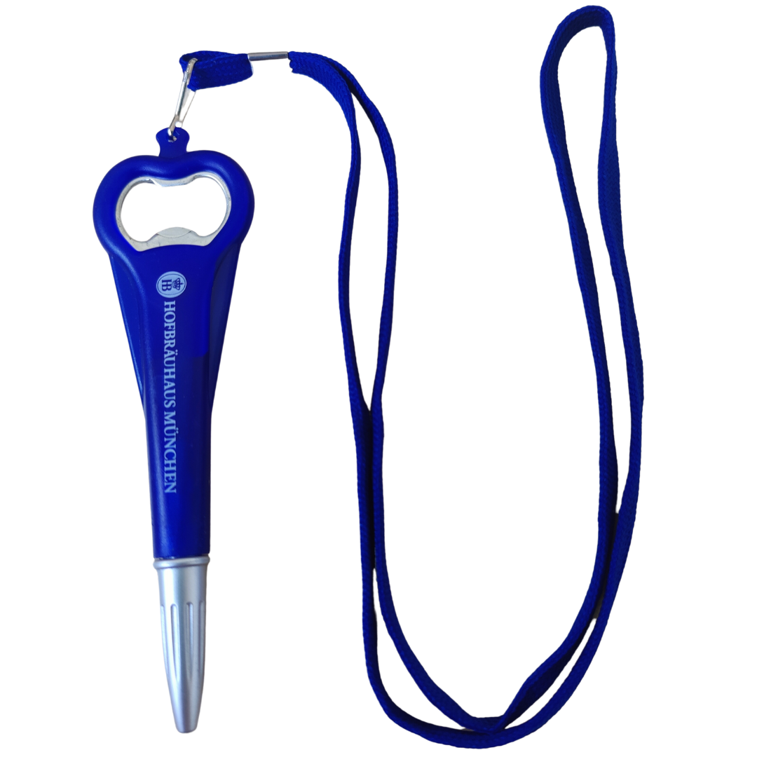 „Blauer Multifunktions-Kugelschreiber mit Flaschenöffner und Schlüsselband, weißer Aufdruck ‚HOFBRÄUHAUS MÜNCHEN‘.“