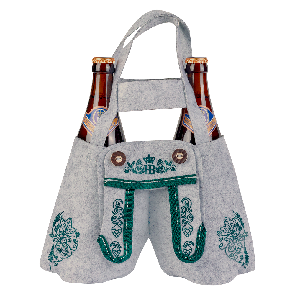 Graue Filztasche im Lederhosen-Design mit grünen Hopfenstickereien, HB-Logo und zwei Flaschenfächern, Hofbräu-Flaschentasche