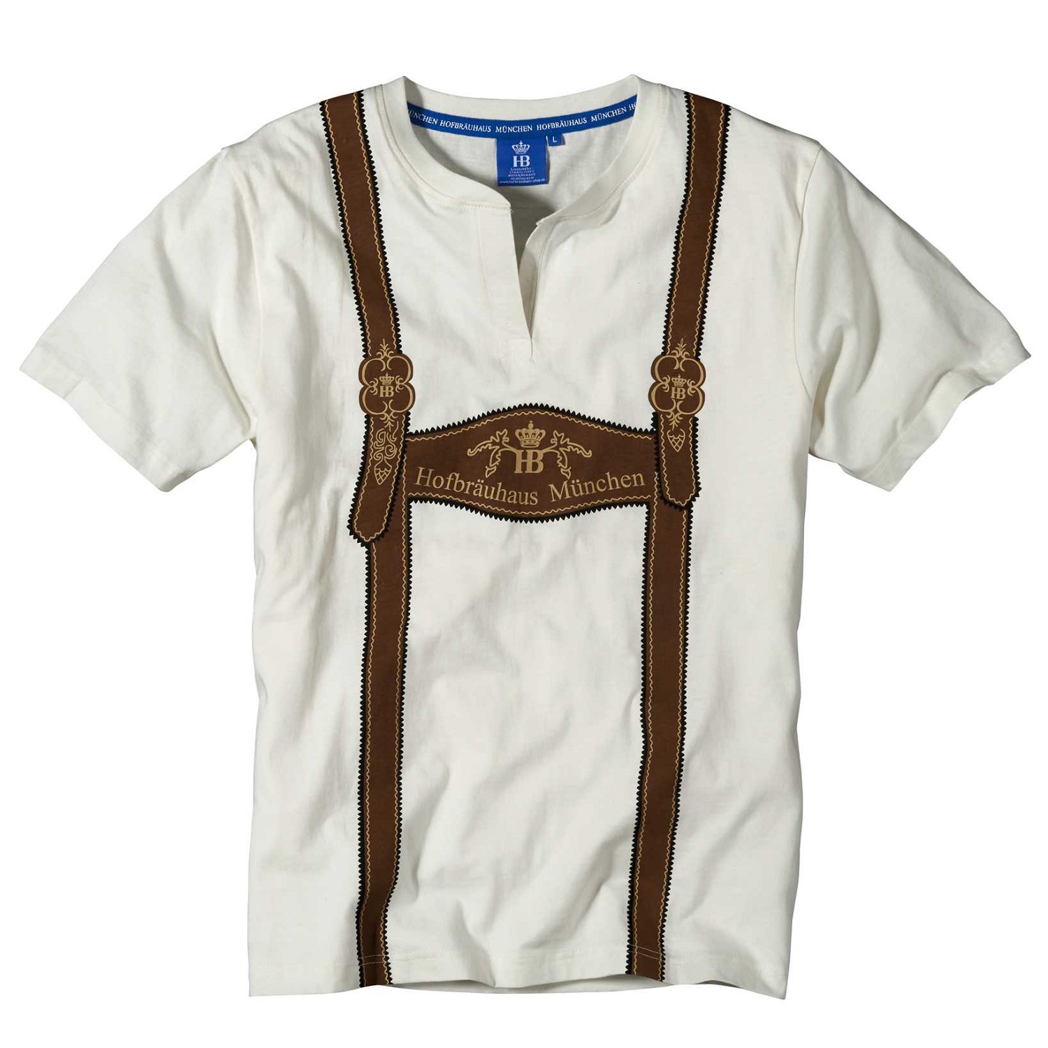 Weißes Herren-T-Shirt mit aufgedrucktem Lederhosen-Motiv und Hofbräuhaus München Logo.