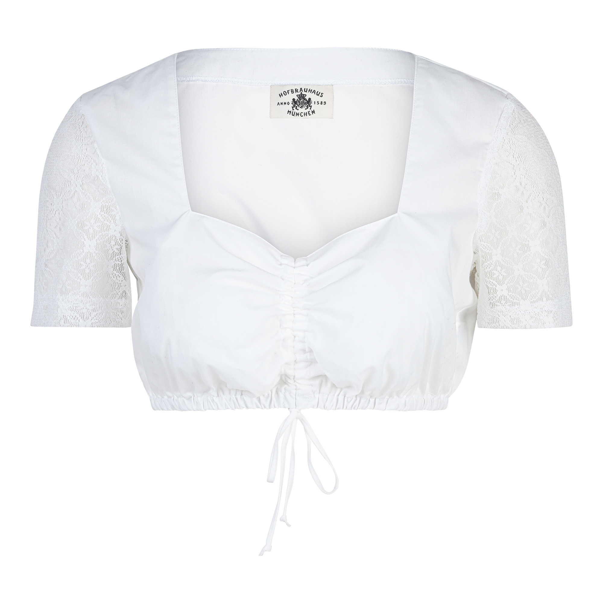Weiße Dirndlbluse mit kurzen Spitzenärmeln, eckigem Ausschnitt und Kordelzug unter der Brust.