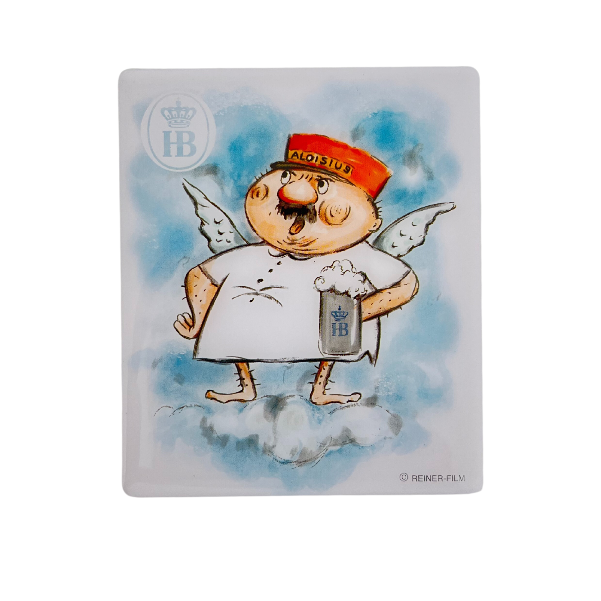 Rechteckiger Magnet mit Aloisius auf einer Wolke, Bierkrug in der Hand, roter Mütze und Engelsflügeln.