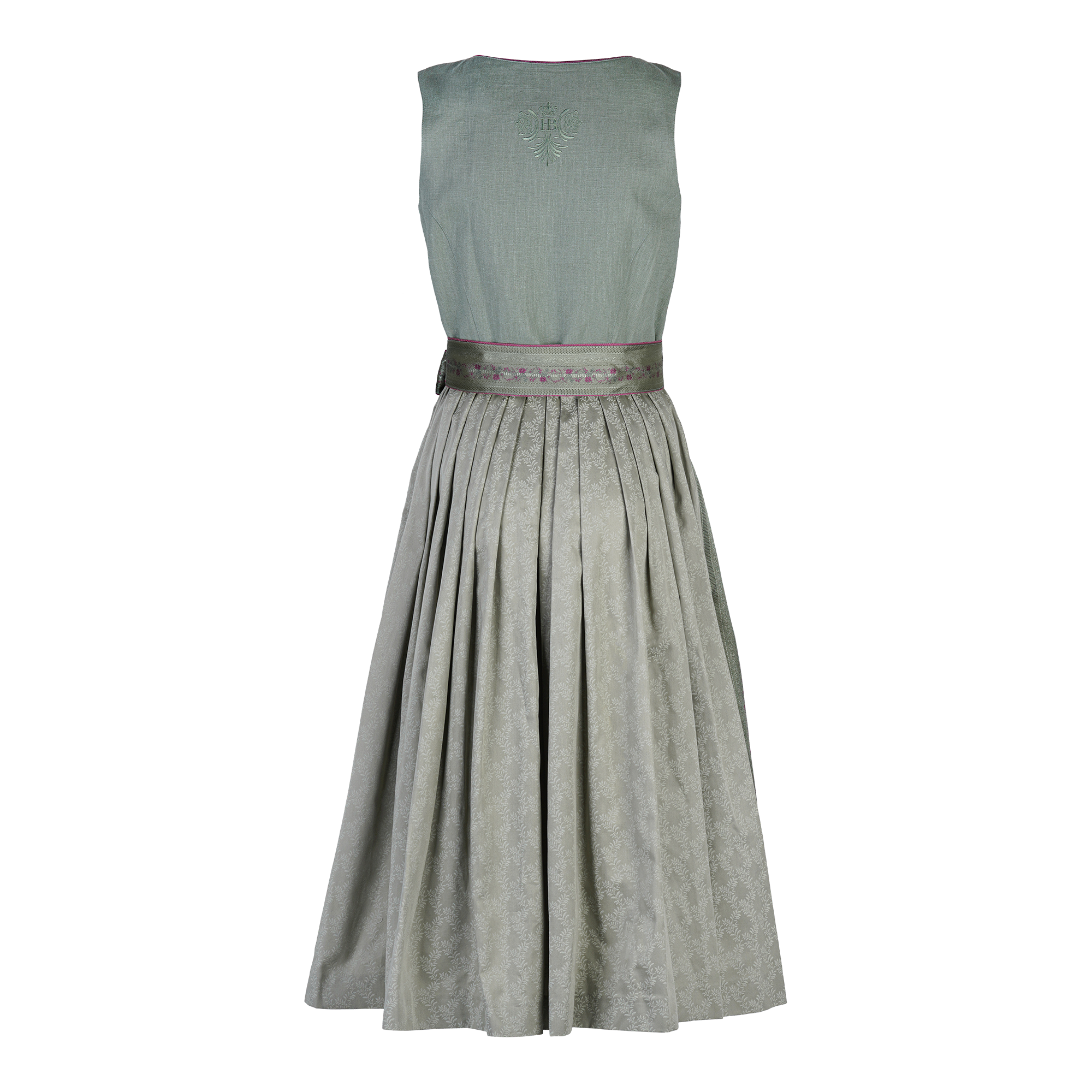 Rückansicht eines traditionellen grünen Dirndls mit weit fallendem Rock und besticktem Mieder; in der Taille befindet sich ein breites Band mit rosa Zierstreifen.