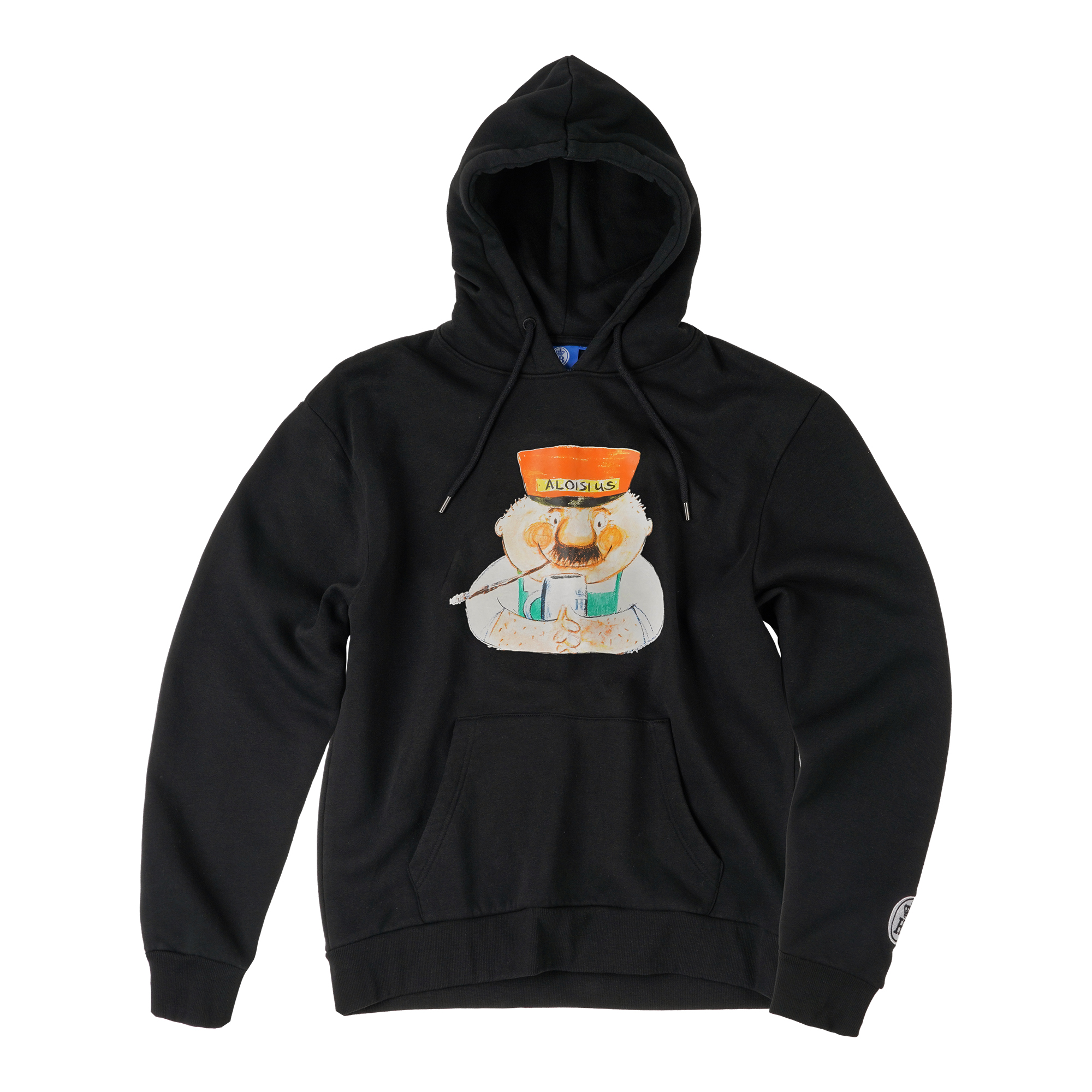  „Schwarzer Hoodie mit Frontprint Aloisius vor einem leeren Bierkrug, mit orangefarbener Mütze, mit Kängurutasche