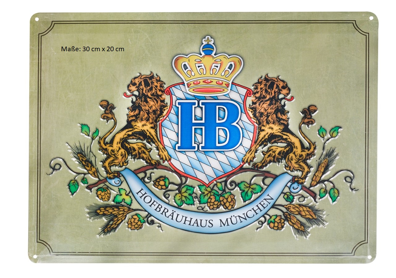 Metallschild mit Hofbräuhaus München Wappen, zwei Löwen und bayerischem Rautenmuster.