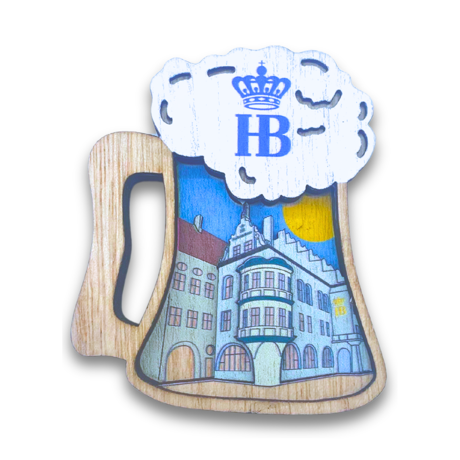 3D-Holzmagnet mit Hofbräuhausmotiv und Logo