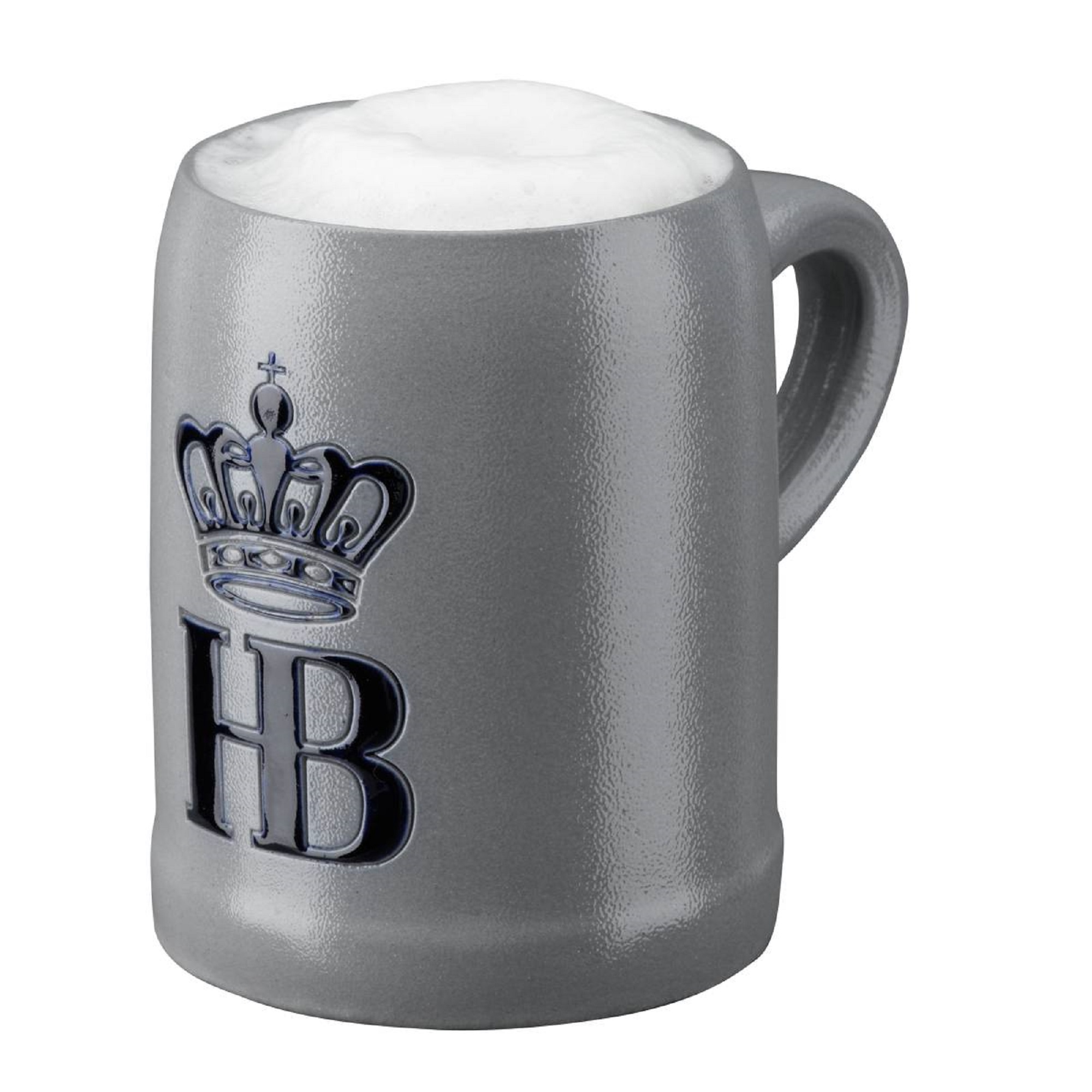 HB-Krug 500 ml aus grauer Salzglasur mit Henkel, seitliche Ansicht, verziert mit blauem Hofbräuhaus-Logo und Schaumkrone