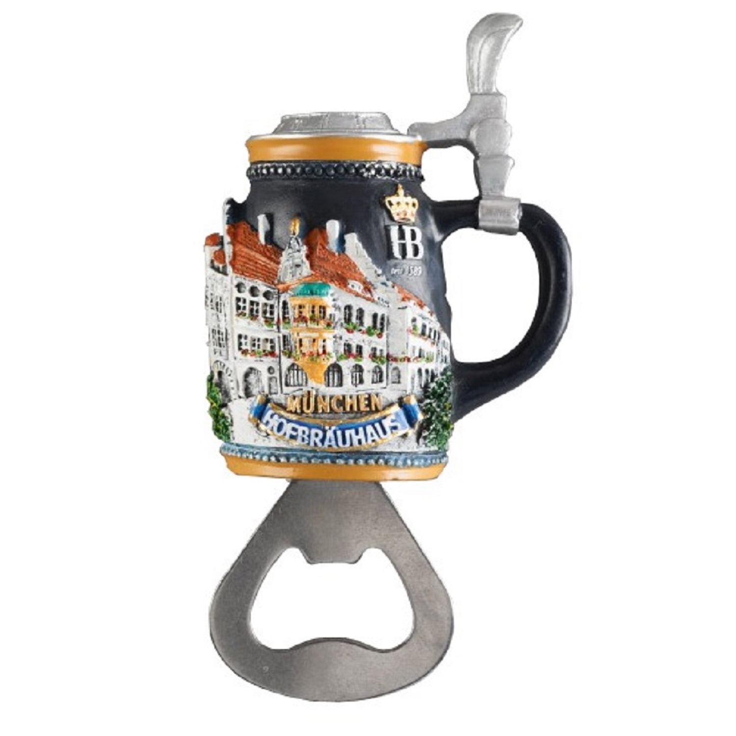Magnetischer Flaschenöffner aus Polyresin in Form eines traditionellen Bierkrugs mit detailreicher Abbildung des Hofbräuhaus München und Schriftzug „München Hofbräuhaus