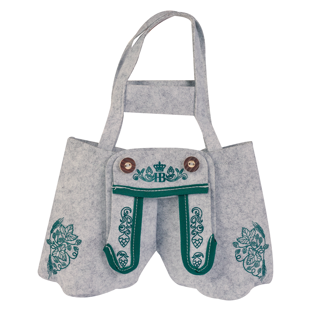 Graue Filztasche im Lederhosen-Design mit grünen Hopfenstickereien, HB-Logo und zwei Flaschenfächern, Hofbräu-Flaschentasche