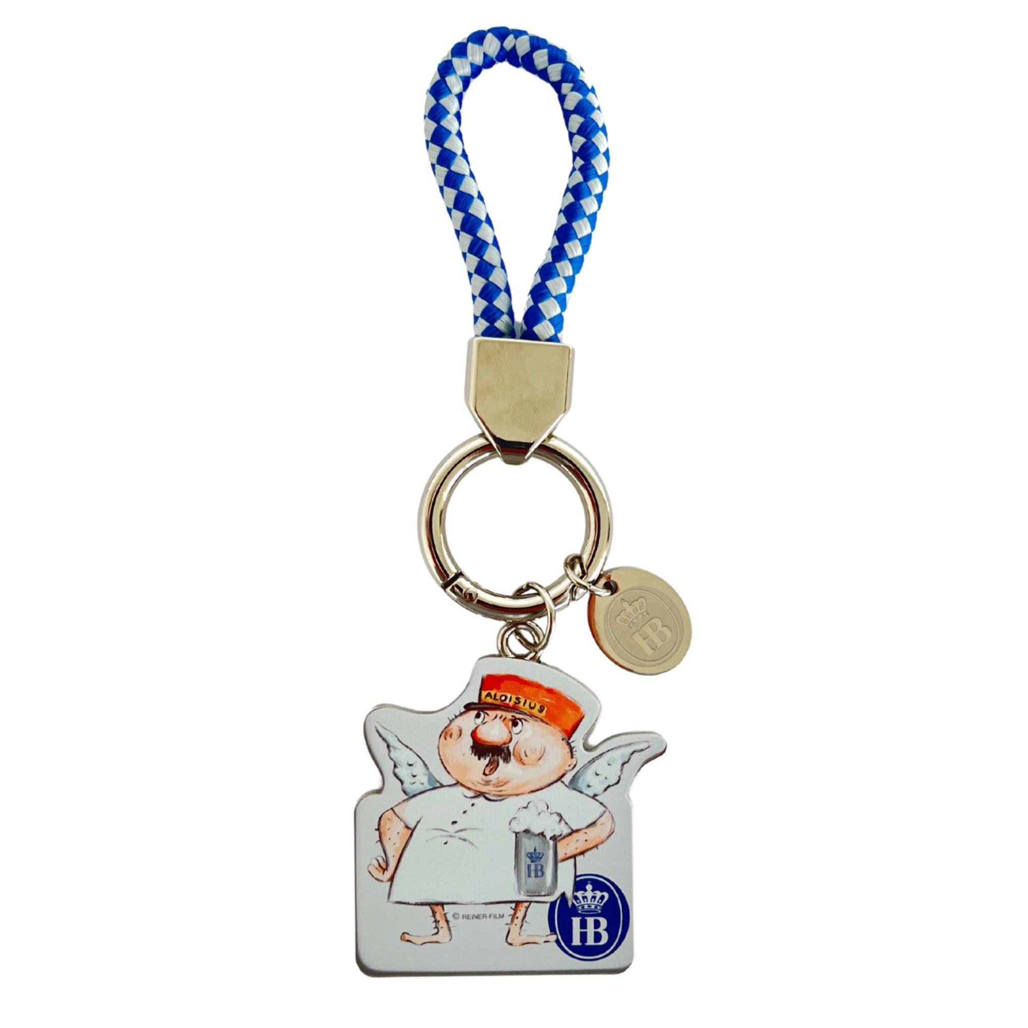 Schlüsselanhänger mit Figur von Aloisius, blau-weißem Band und HB-Logo.