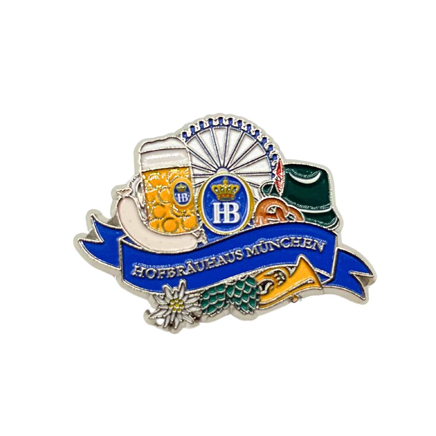 „Bunter Ansteckpin mit mehreren Symbolen, die das Hofbräuhaus München repräsentieren. Zu sehen sind ein Bierkrug, das HB-Logo mit Krone, ein Riesenrad, ein traditioneller bayerischer Trachtenhut und eine Edelweißblume. Am unteren Rand verläuft ein blaues 