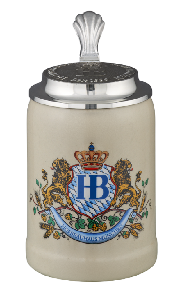 Steinkrug mit Löwendekor-Wappen HB-Logo, mit flachem Zinndeckel-250ml