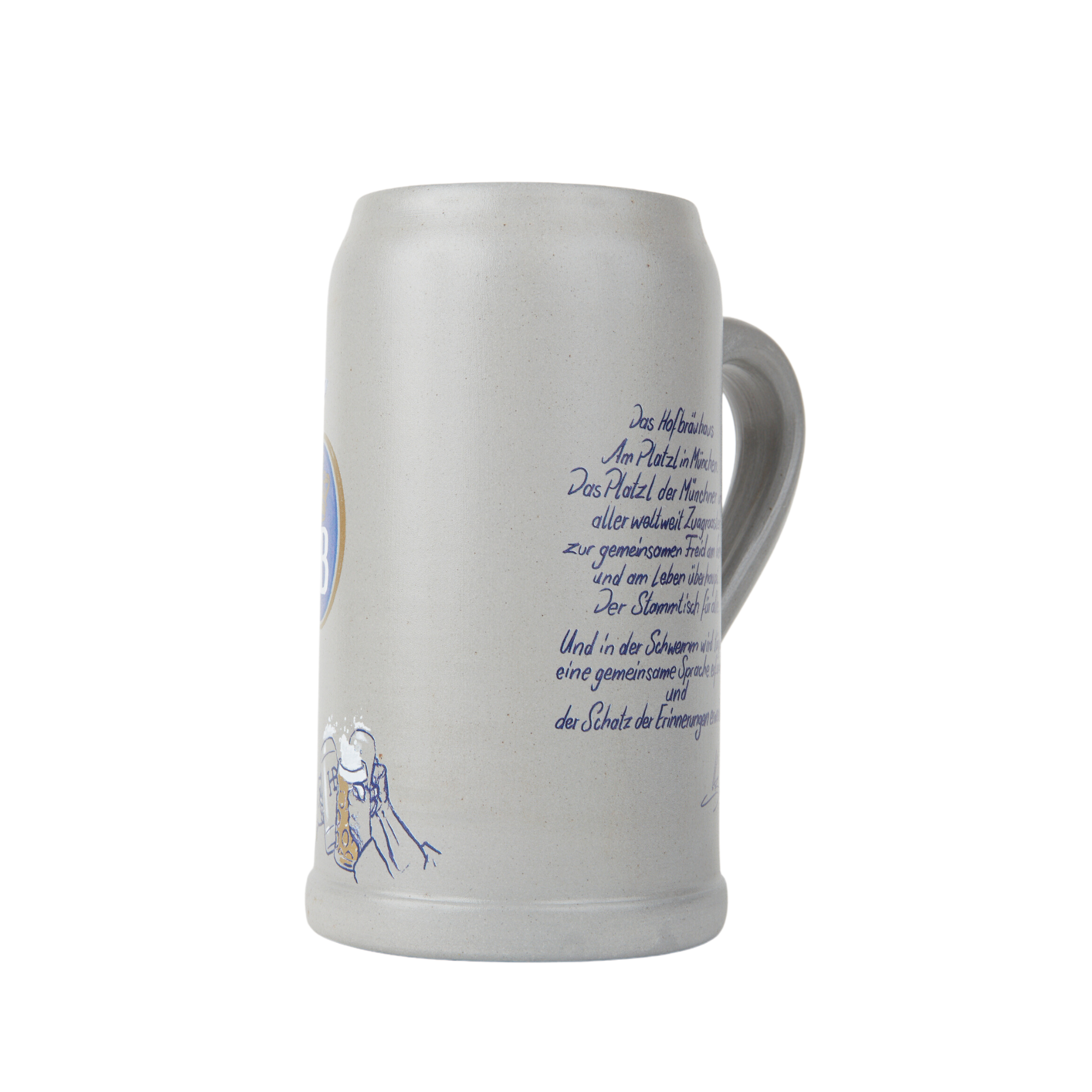 Steinkrug mit Henkel und blau-goldenen Laternenmotiv sowie Hofbräuhaus-Logo.