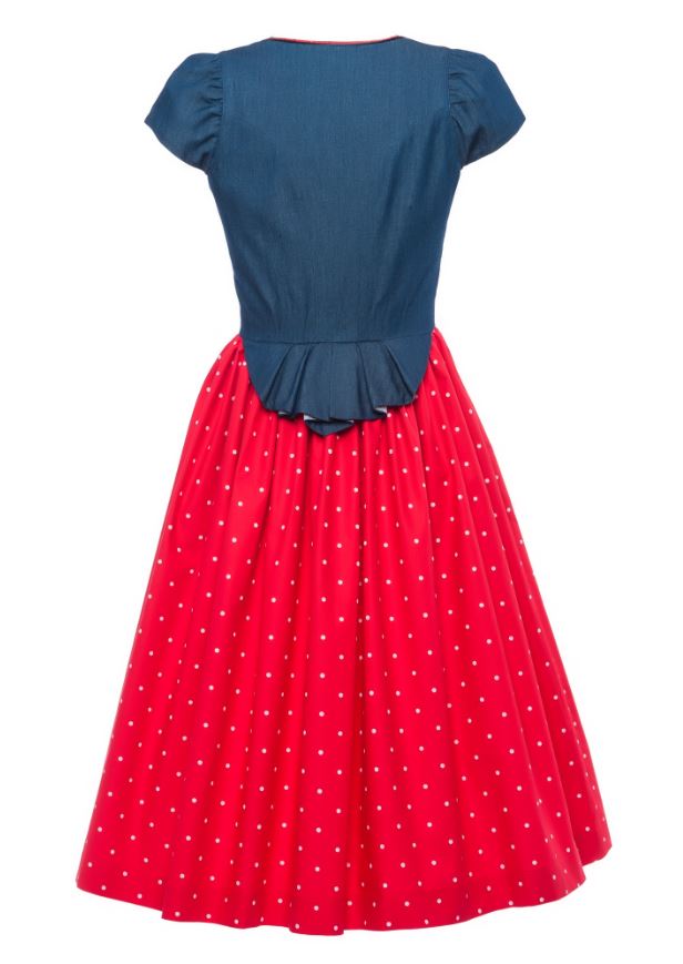 Rückansicht des Dirndls Maibock: Oberteil in Dunkelblau mit kurzen Ärmeln, weiter roter Rock mit weißen Punkten