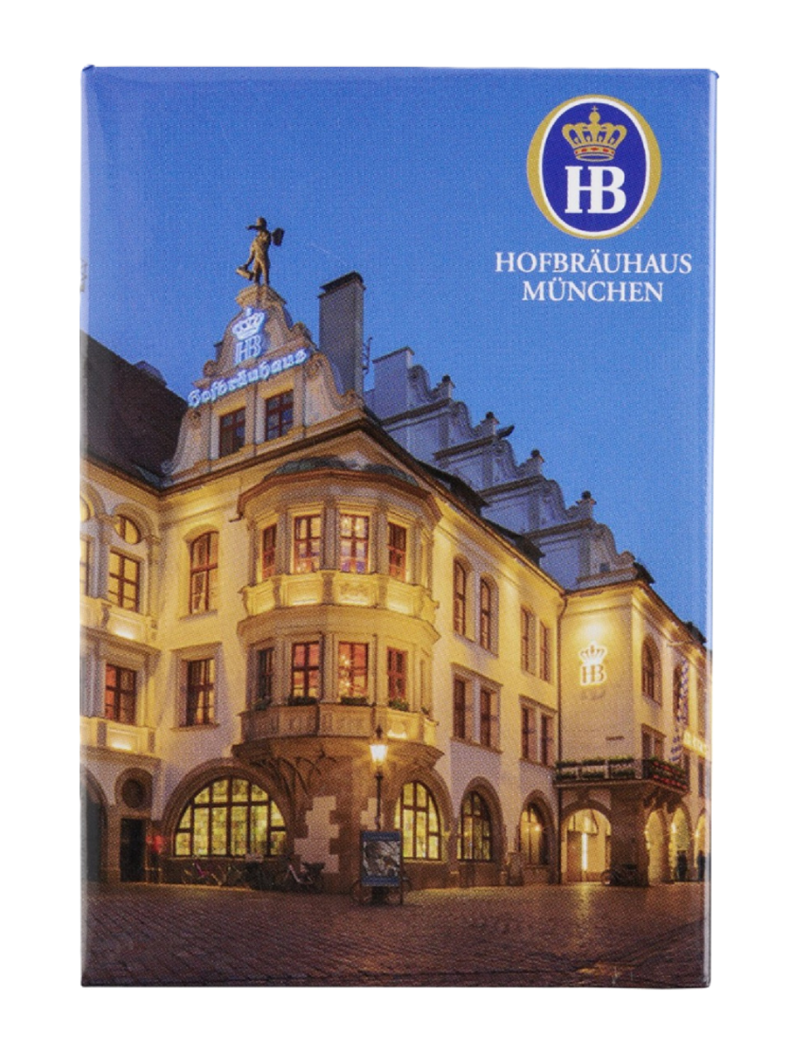 Fotomagnet mit Motiv des Hofbräuhaus München bei Nacht, beleuchtete Fassade vor blauem Abendhimmel, Hofbräuhaus-Logo oben rechts.