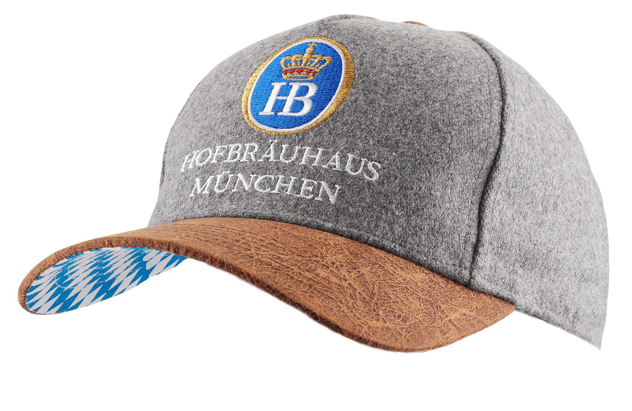 Graue Cap mit Hofbräuhaus München-Logo, braunem Schirm und bayerischem Rautenmuster auf der Schirmunterseite