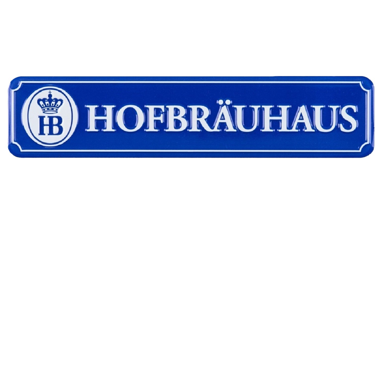 Blauer Magnet in Form eines Straßenschildes mit HB-Logo und Schriftzug Hofbräuhaus