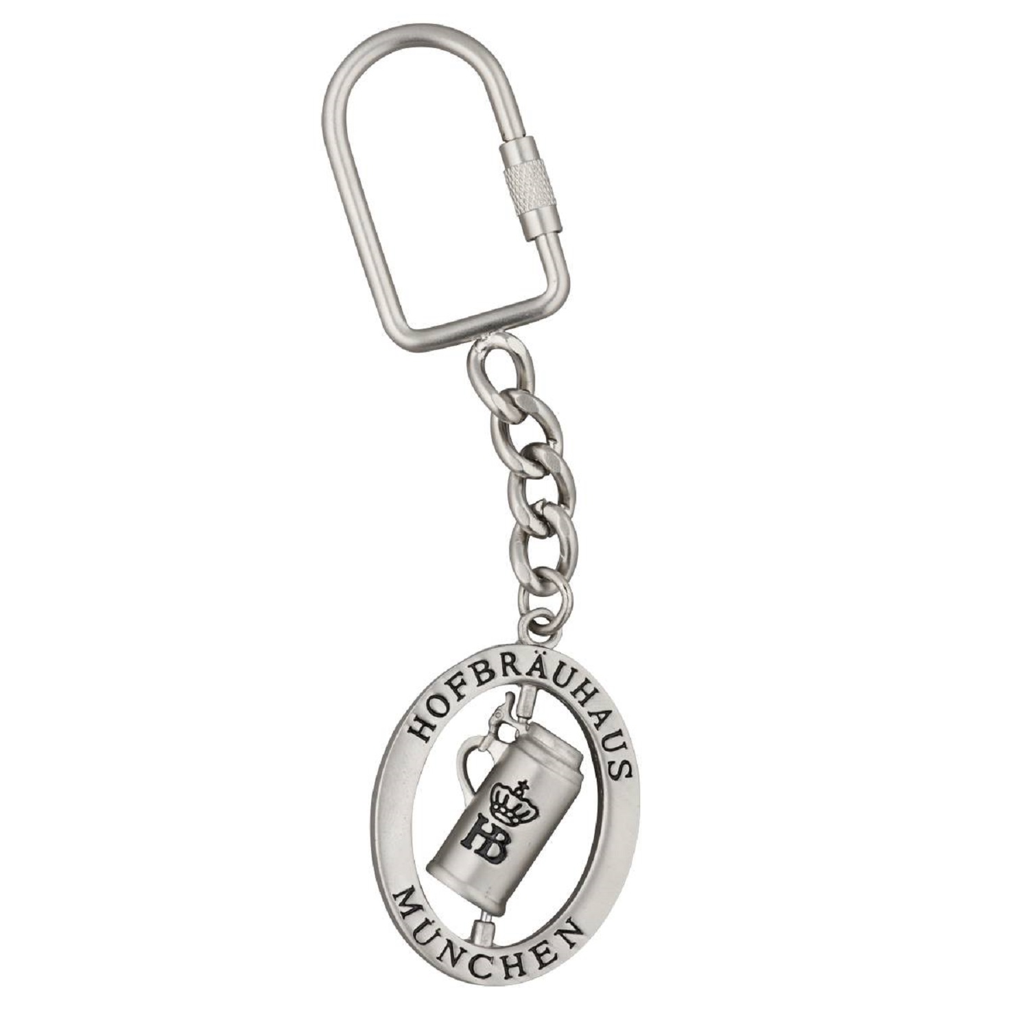 Metall-Schlüsselanhänger mit Kettenstück und ovalem Anhänger, darin ein Bierkrug mit HB-Logo. Rundum der Schriftzug 'Hofbräuhaus München'