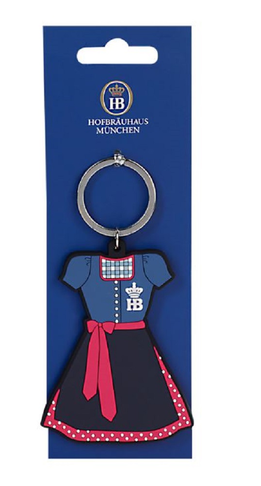 Schlüsselanhänger in Form eines Dirndls in Blau und Rot mit Hofbräuhaus-Logo, präsentiert in blauer Verpackung mit Hofbräuhaus München Aufdruck
