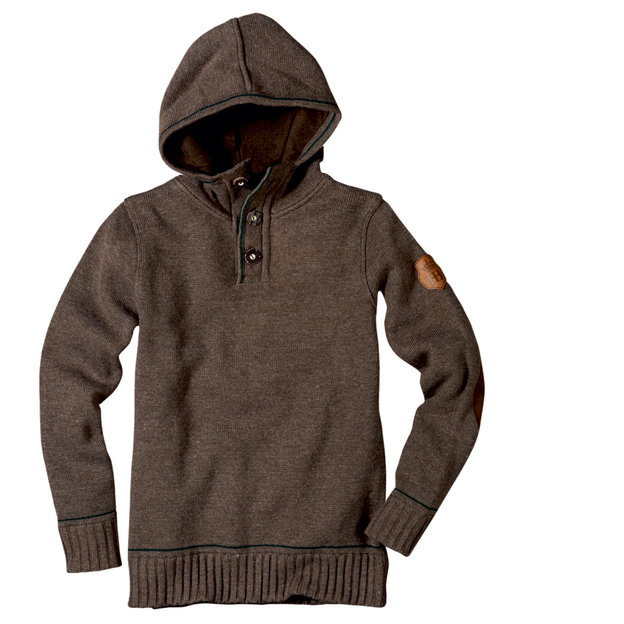 Brauner Strickpullover mit Kapuze, Knopfleiste und Hofbräuhaus München Logo am Ärmel