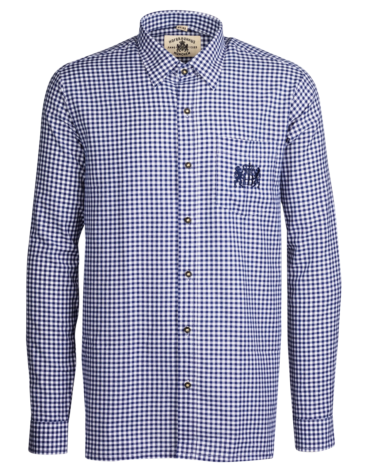 Trachtenhemd-blaukariert-HB-Löwenlogo auf linker Brust