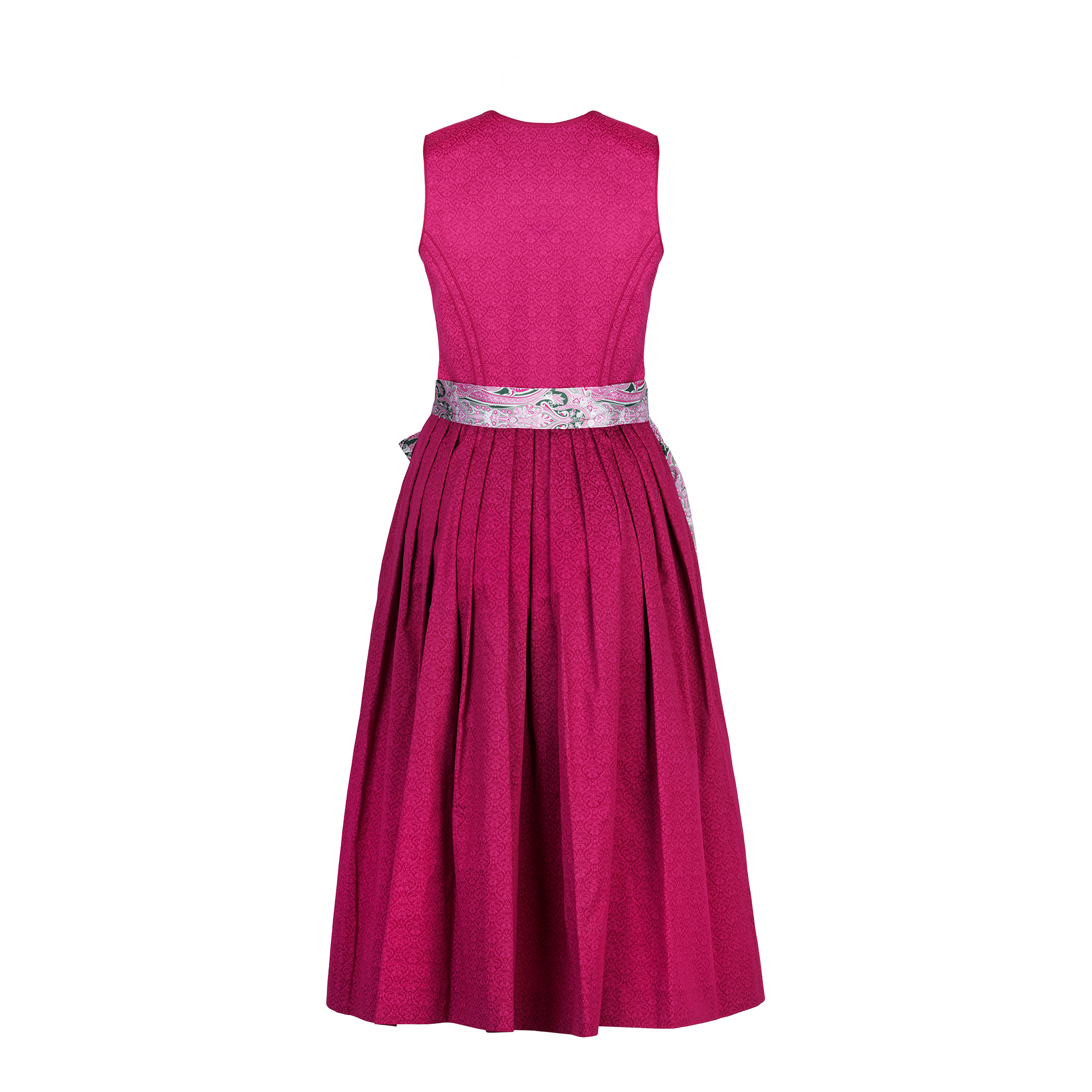 Rückansicht eines pinken Dirndls mit breiten Falten und einer glänzenden Schürze in Rosa mit floralem Muster, die um die Taille gebunden ist.