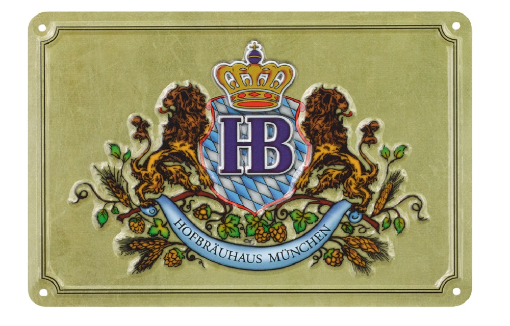 Vorderseite einer Hofbräuhaus München Postkarte mit bedruckten 2 Löwen, HB-Logo mit Krone. Goldenen Hintergrund 