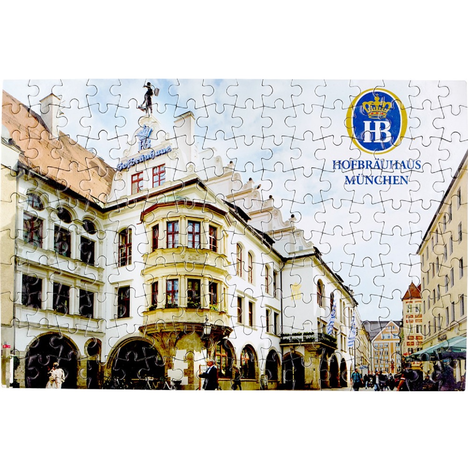Puzzle mit Motiv des Hofbräuhaus München, zeigt die historische Fassade mit Türmen, Erkern und Passanten, ergänzt durch das HB-Logo.