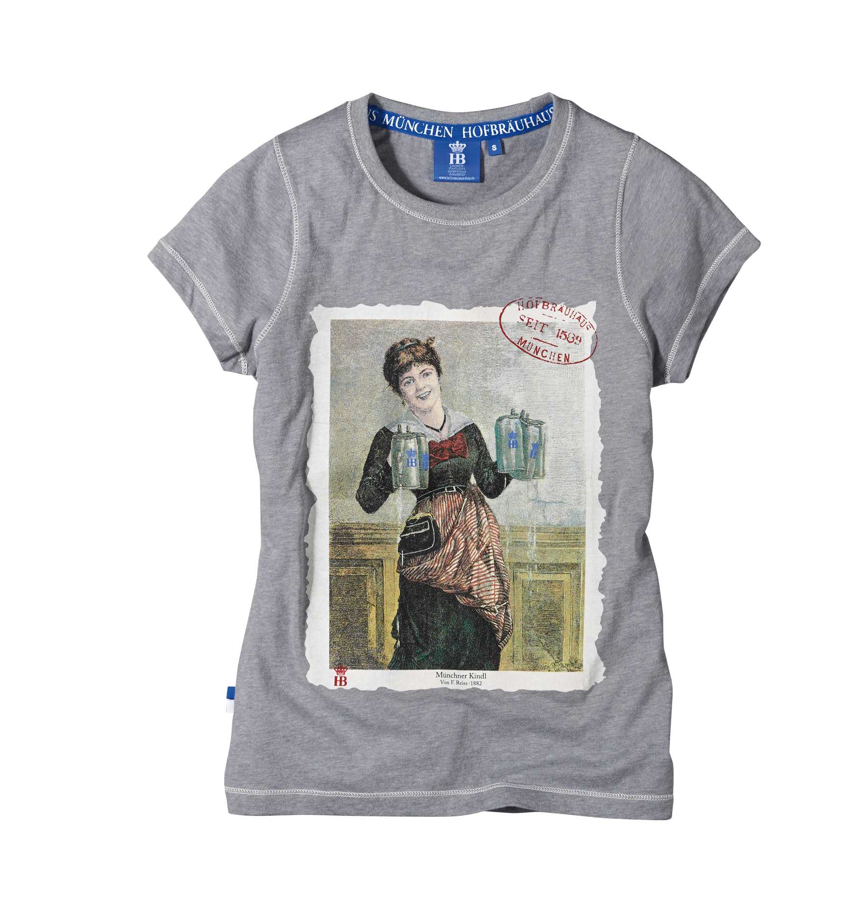 Graues T-Shirt mit Hofbräuhaus-Motivdruck: Illustration einer Frau im Dirndl, die Bierkrüge trägt, dazu roter Aufdruck 'Hofbräuhaus München – seit 1589'
