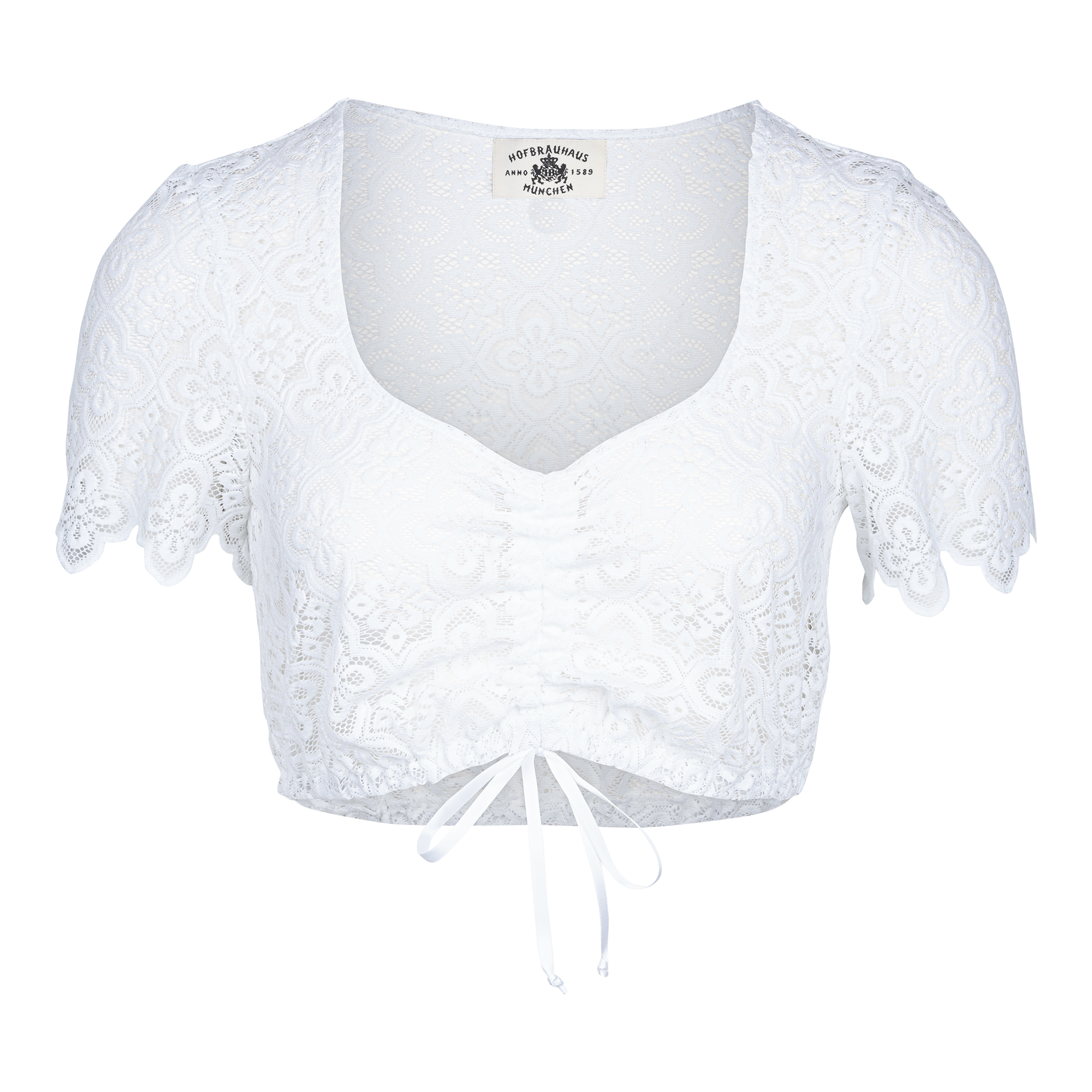 Weiße Dirndlbluse aus Spitze mit kurzen Ärmeln, geschwungenem V-Ausschnitt und Kordelzug unter der Brust.