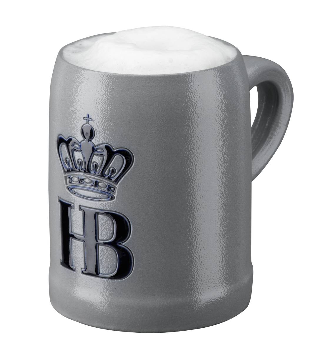 HB-Krug 250 ml aus grauer Salzglasur mit Henkel, seitliche Ansicht, verziert mit blauem Hofbräuhaus-Logo und Schaumkrone