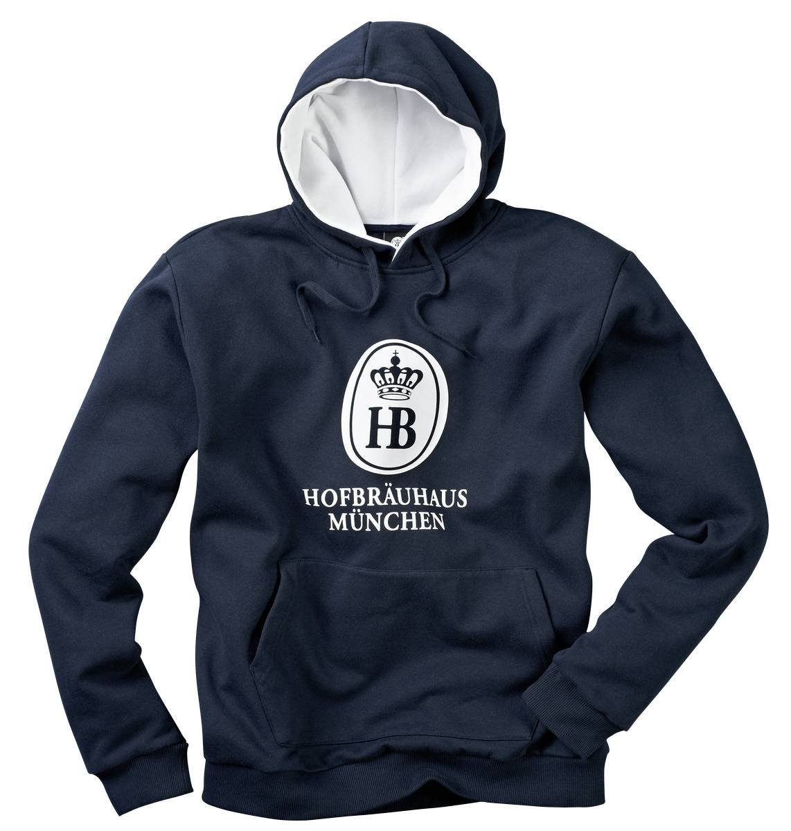 Dunkelblauer Hoodie mit weißem Hofbräuhaus München Logo auf der Vorderseite.
